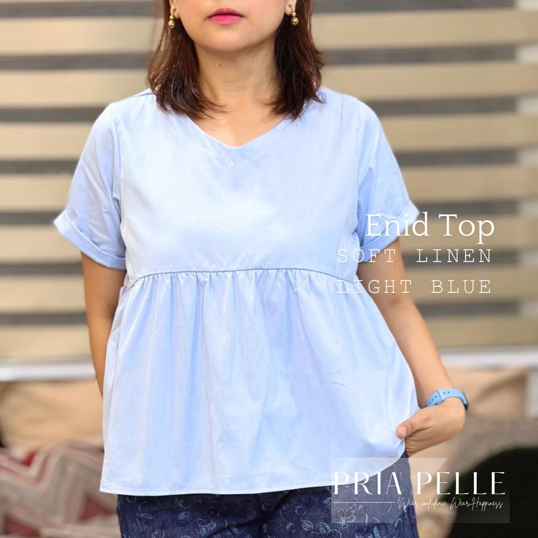 Pria Pelle Enid Elegant Top - Premium Soft Linen Women's Blouse in Light Blue (Non Stretch)