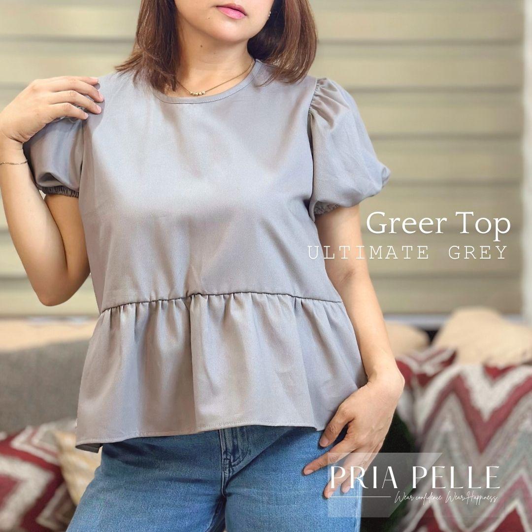 Pria Pelle Greer Top - Premium Soft Twill Women's Blouse in Ultimate Grey (Peplum Style with Gartered Sleeves - Non Stretch)