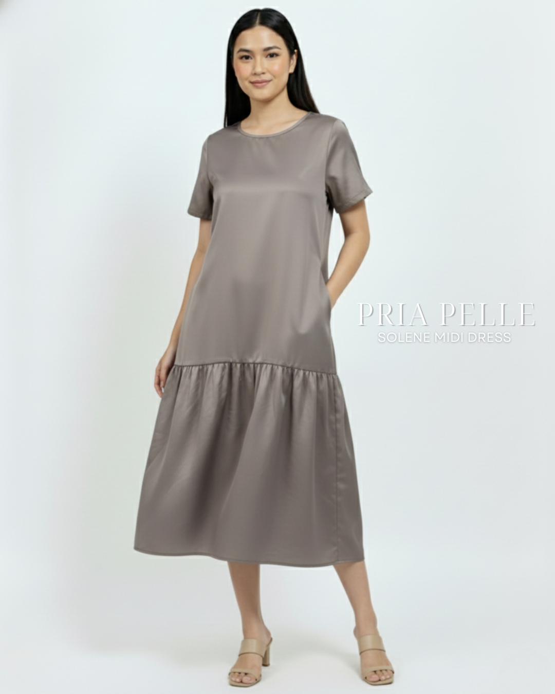 Pria Pelle Solene Short Sleeves Midi Dress - Cotton Satin Friar Gray