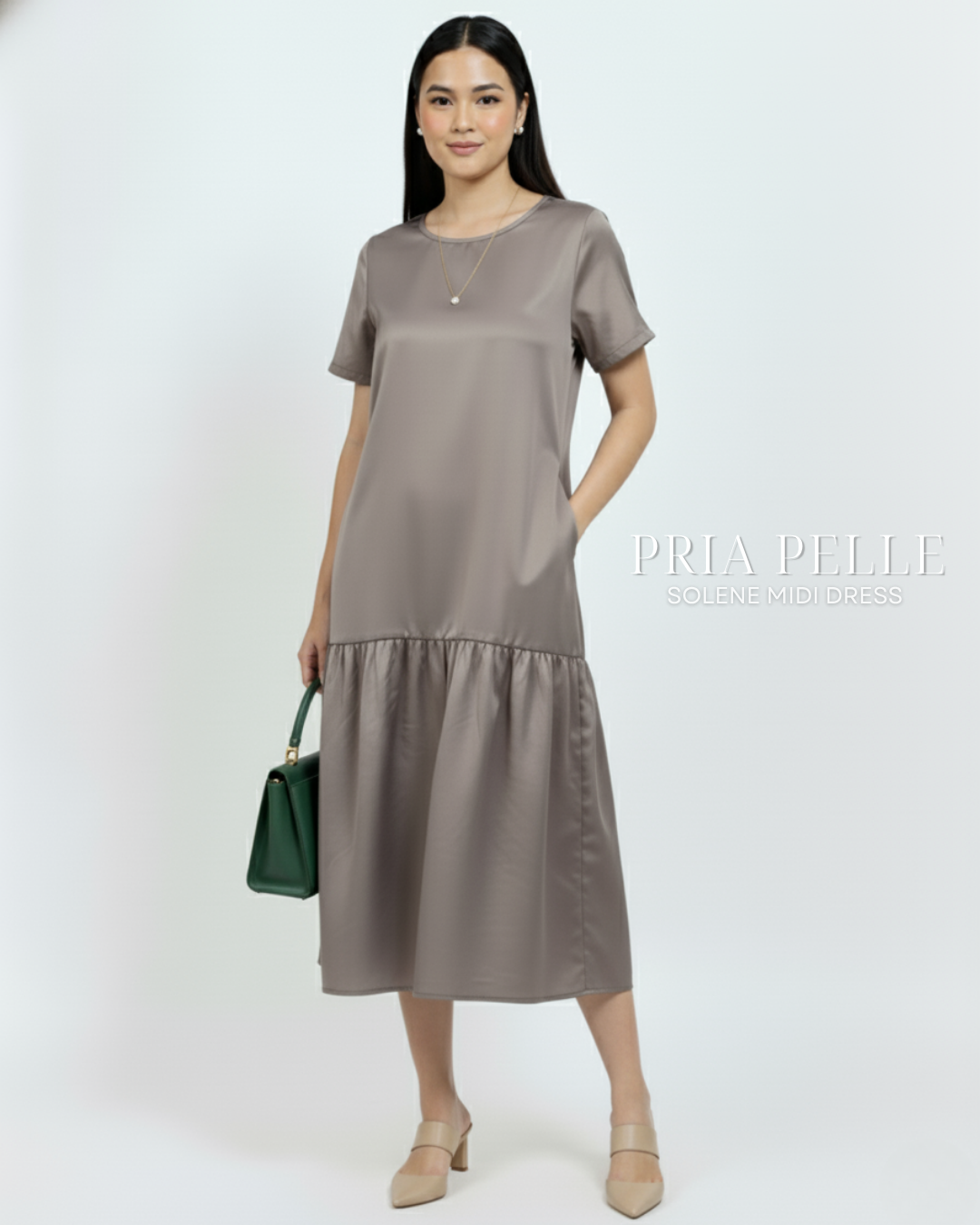 Pria Pelle Solene Short Sleeves Midi Dress - Cotton Satin Friar Gray