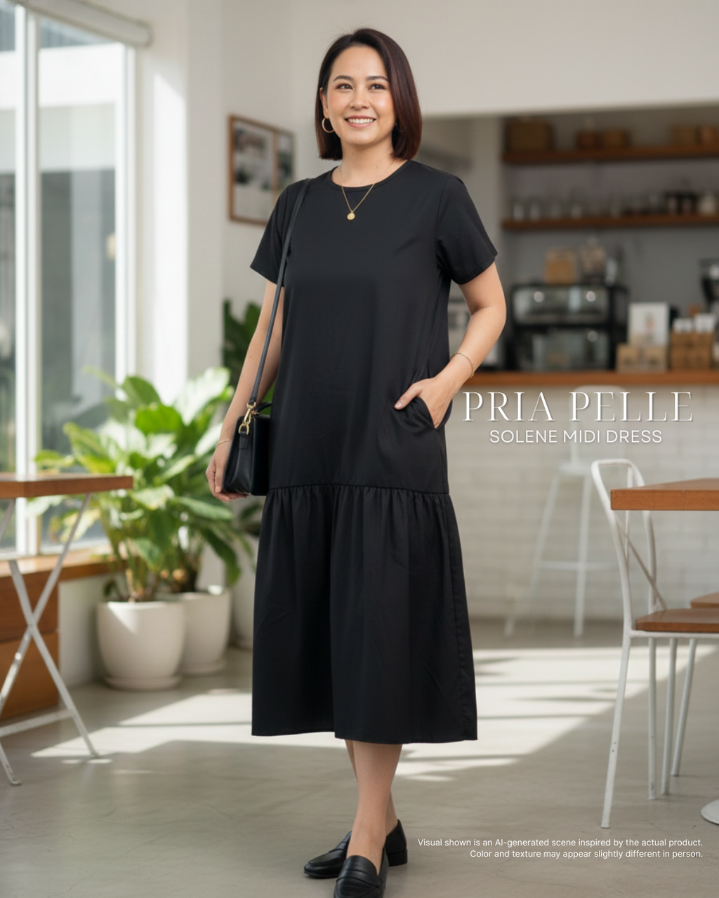 Pria Pelle Solene Short Sleeves Midi Dress - Cotton Blend Matte Black