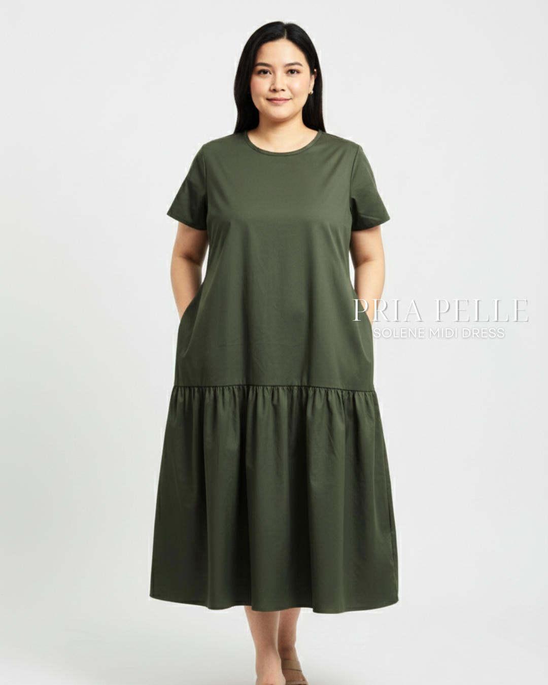 Pria Pelle Solene Short Sleeves Midi Dress - Cotton Blend Metal Green