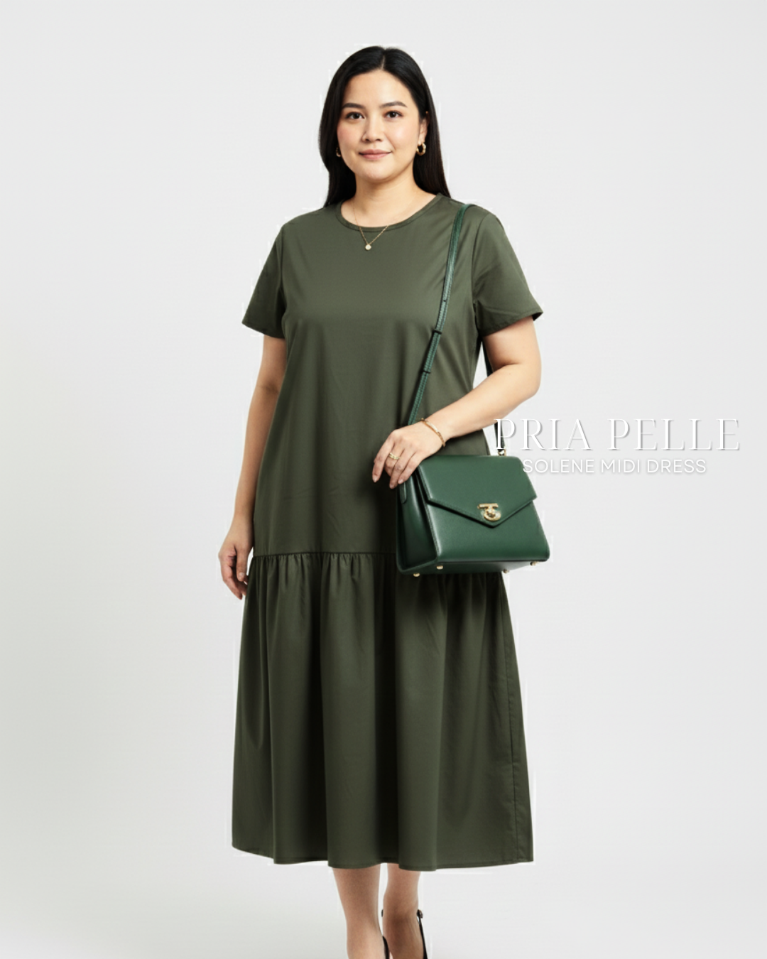 Pria Pelle Solene Short Sleeves Midi Dress - Cotton Blend Metal Green