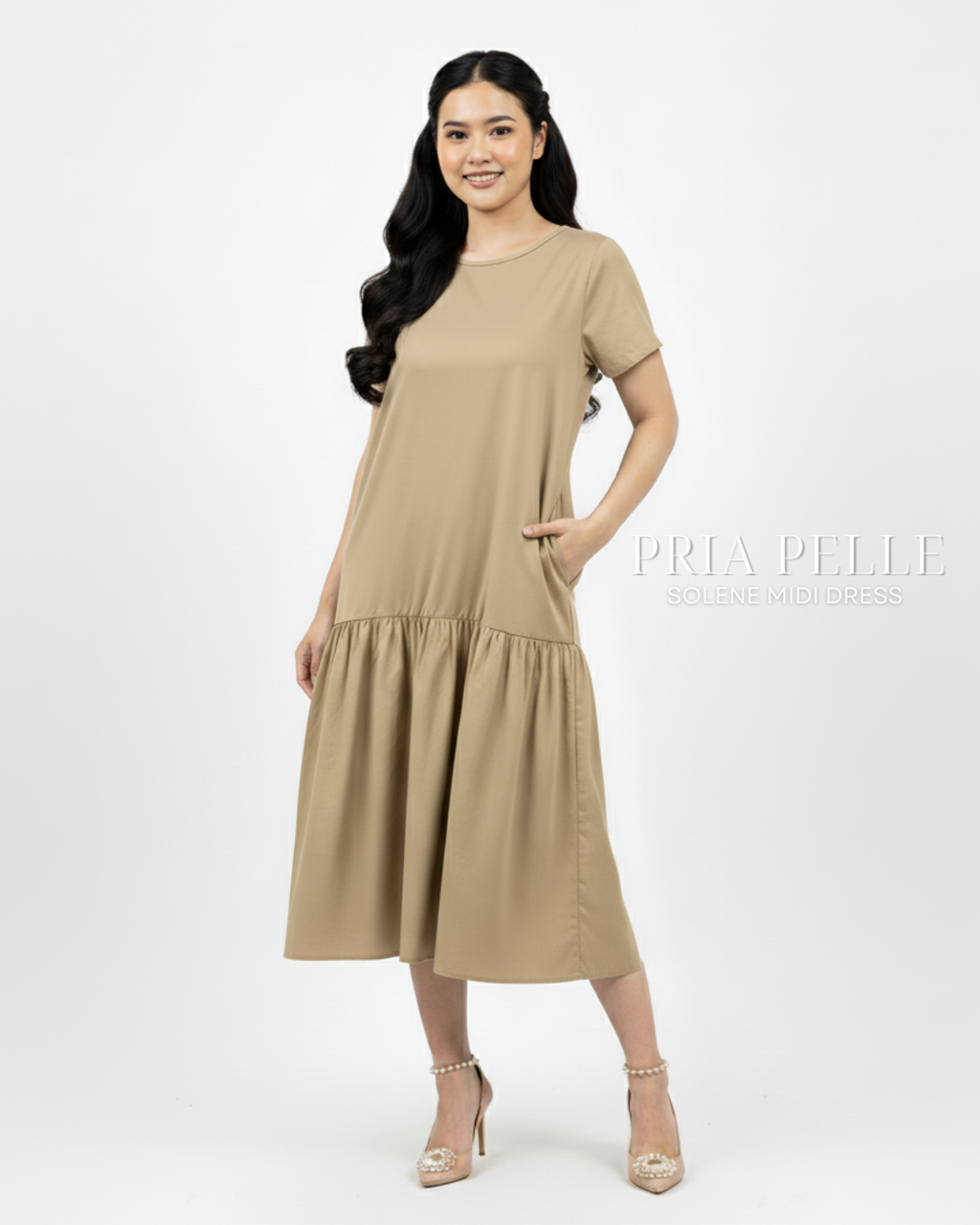 Pria Pelle Solene Short Sleeves Midi Dress - Cotton Blend Khaki
