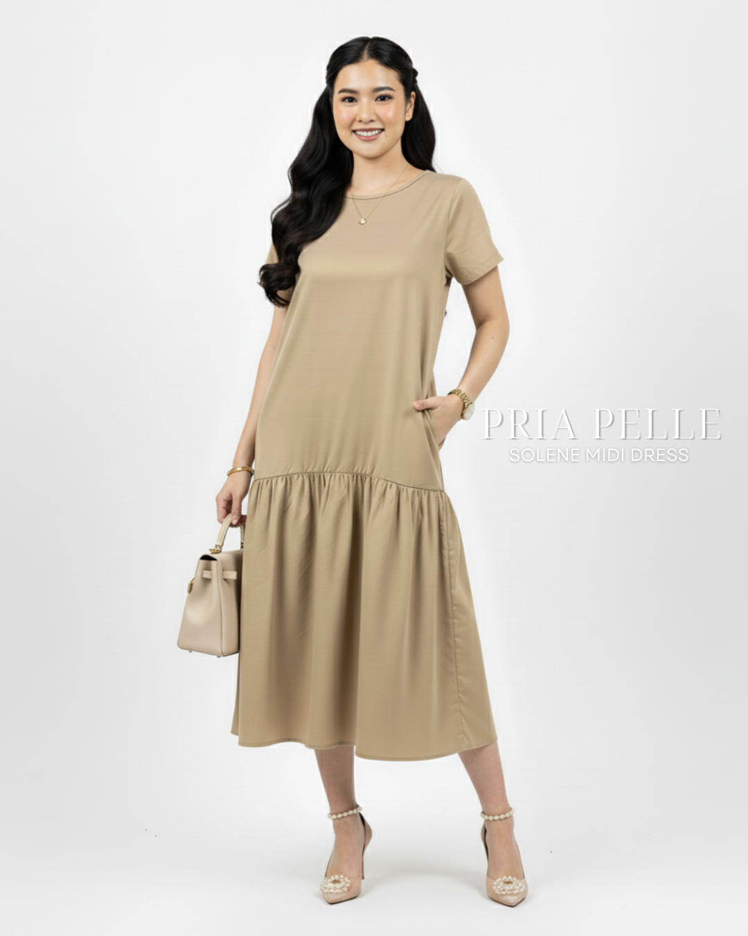 Pria Pelle Solene Short Sleeves Midi Dress - Cotton Blend Khaki