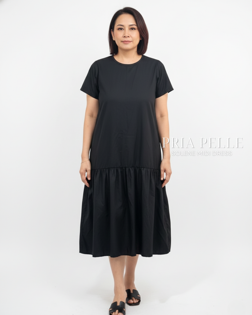 Pria Pelle Solene Short Sleeves Midi Dress - Cotton Blend Matte Black