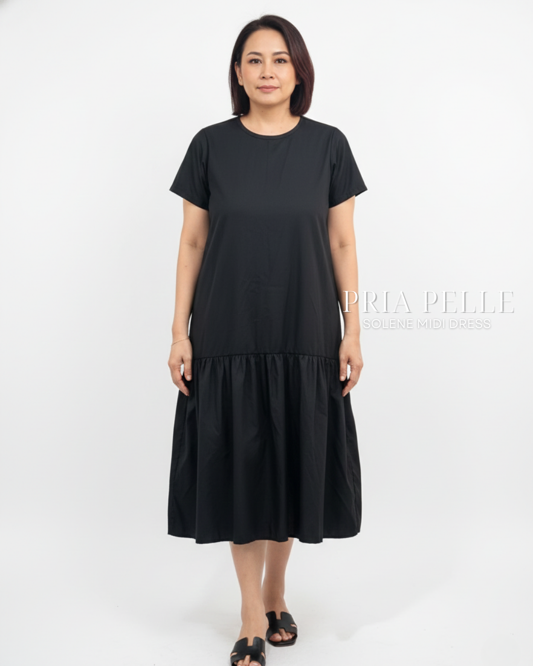 Pria Pelle Solene Short Sleeves Midi Dress - Cotton Blend Matte Black