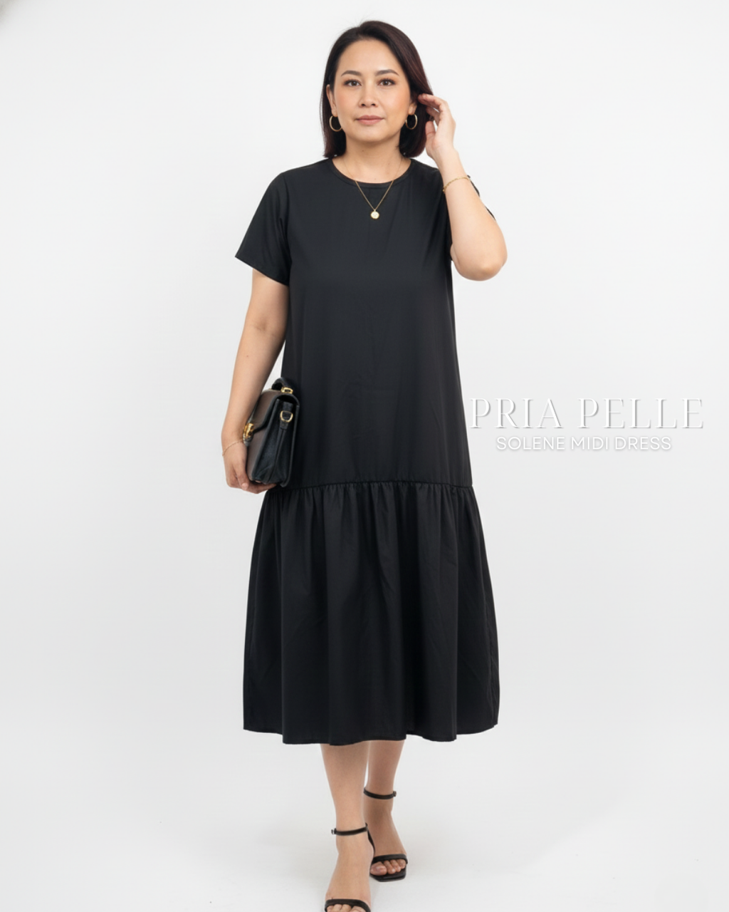 Pria Pelle Solene Short Sleeves Midi Dress - Cotton Blend Matte Black
