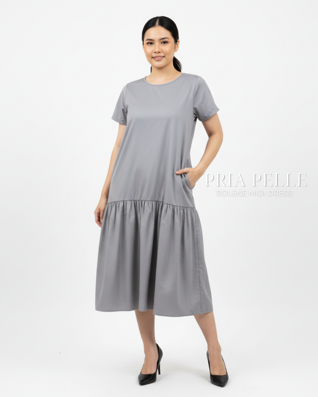 Pria Pelle Solene Short Sleeves Midi Dress - Cotton Blend Soft Steel Gray