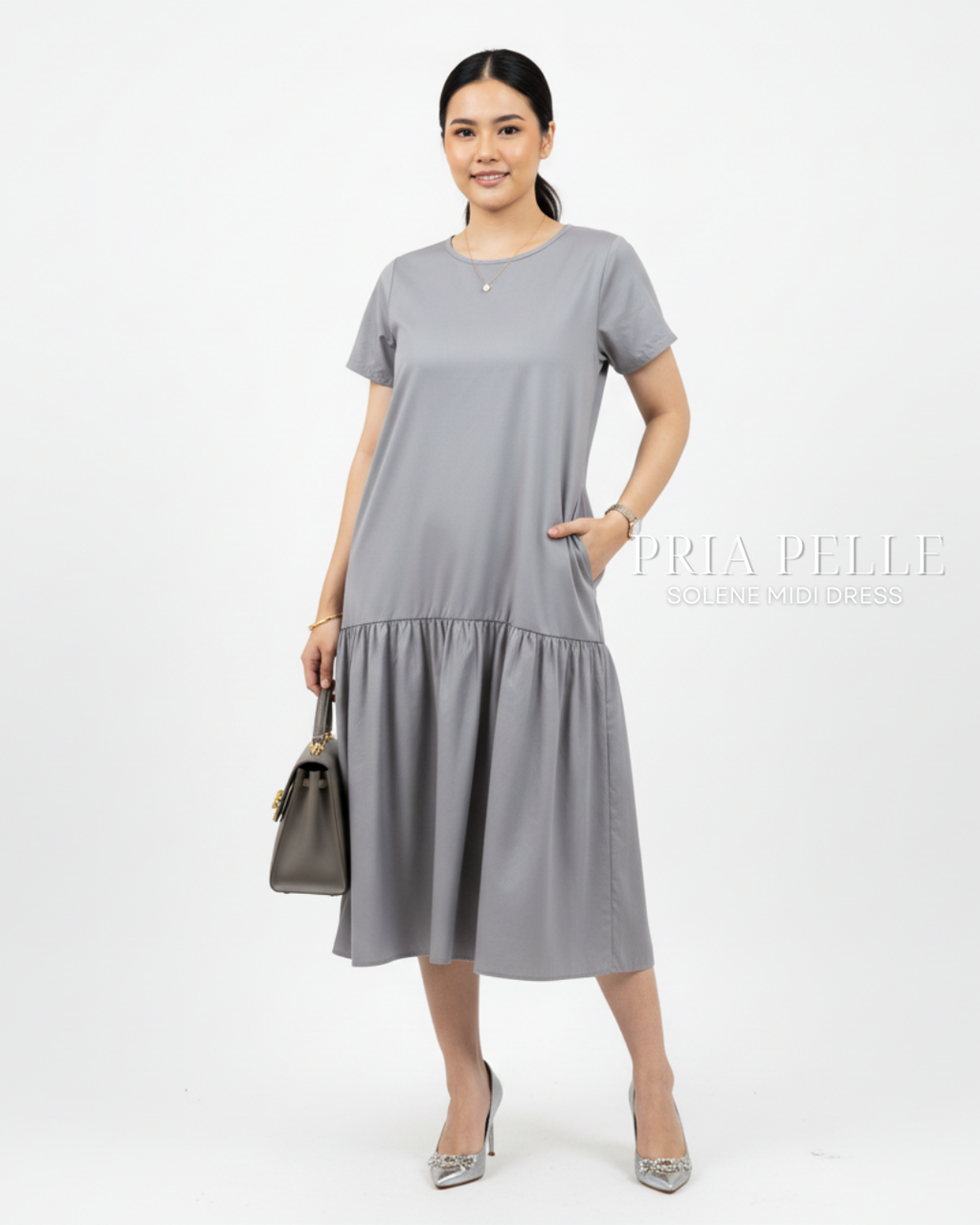Pria Pelle Solene Short Sleeves Midi Dress - Cotton Blend Soft Steel Gray