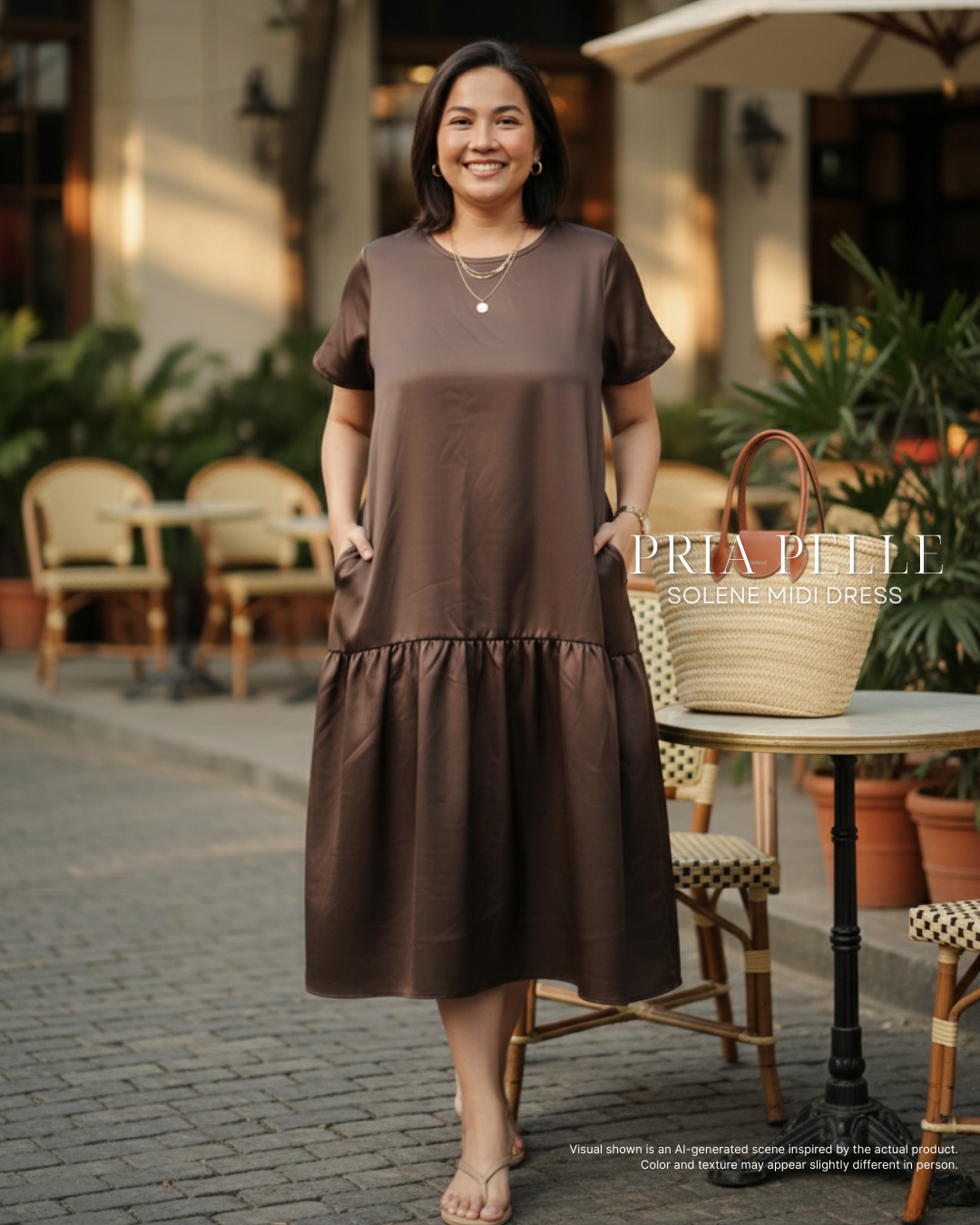 Pria Pelle Solene Short Sleeves Midi Dress - Cotton Satin Dark Brown