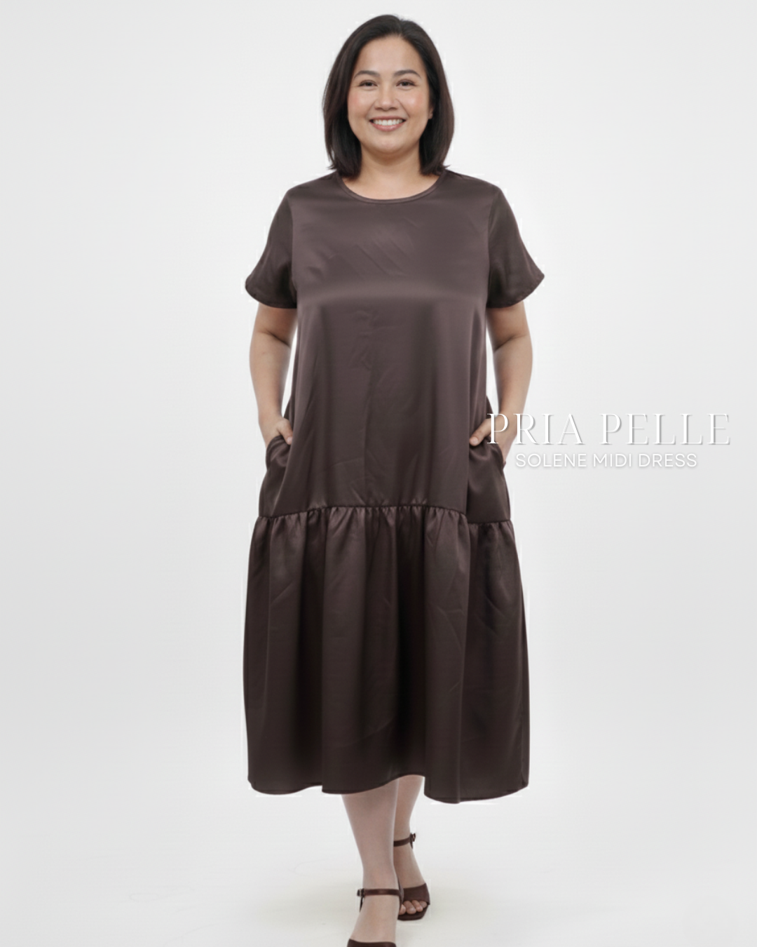 Pria Pelle Solene Short Sleeves Midi Dress - Cotton Satin Dark Brown