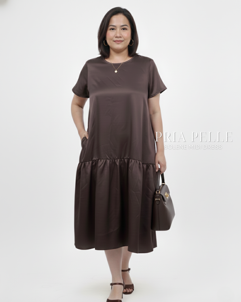 Pria Pelle Solene Short Sleeves Midi Dress - Cotton Satin Dark Brown