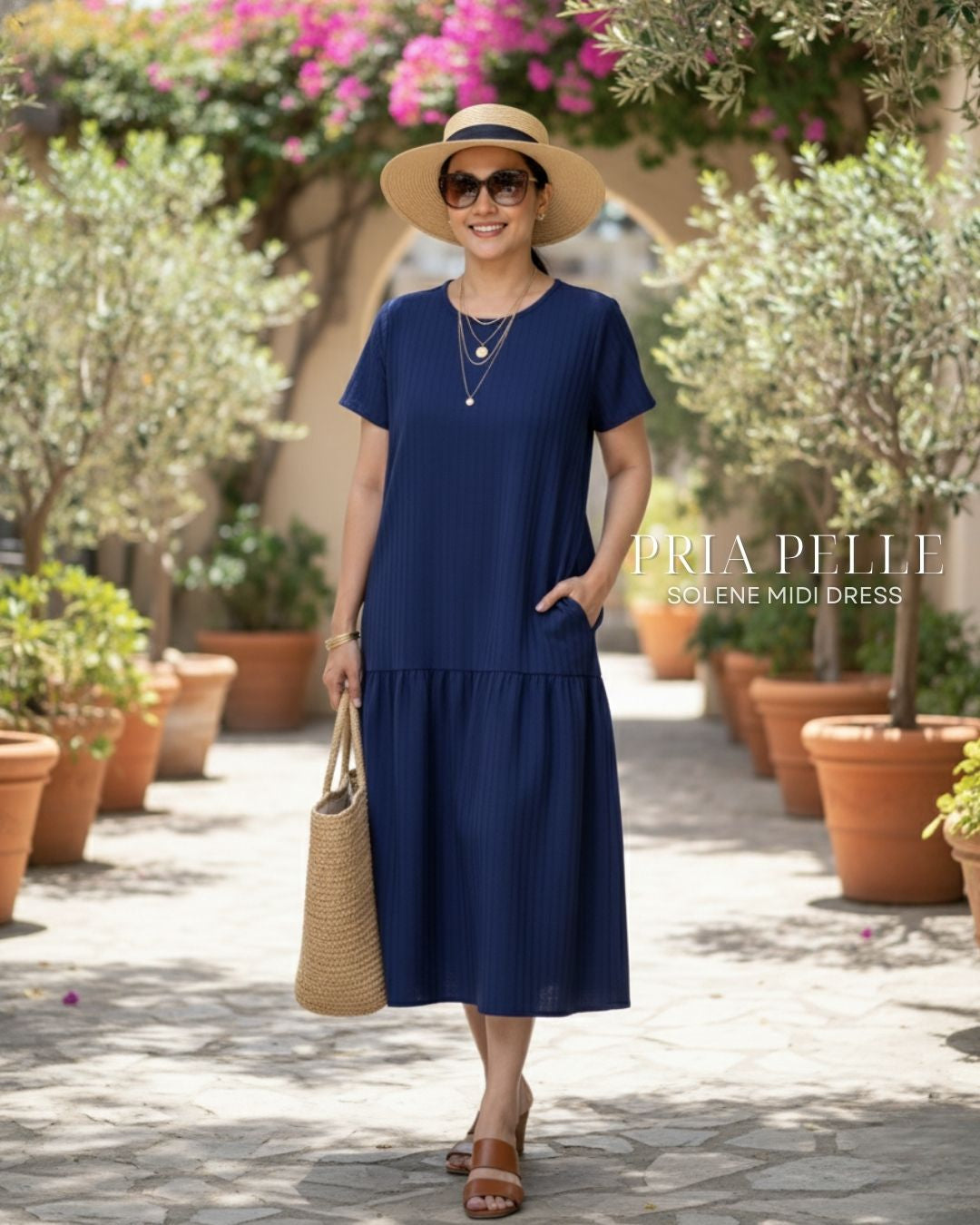 Pria Pelle Solene Short Sleeves Midi Dress - Textured Cotton Rhino Blue in Stripes