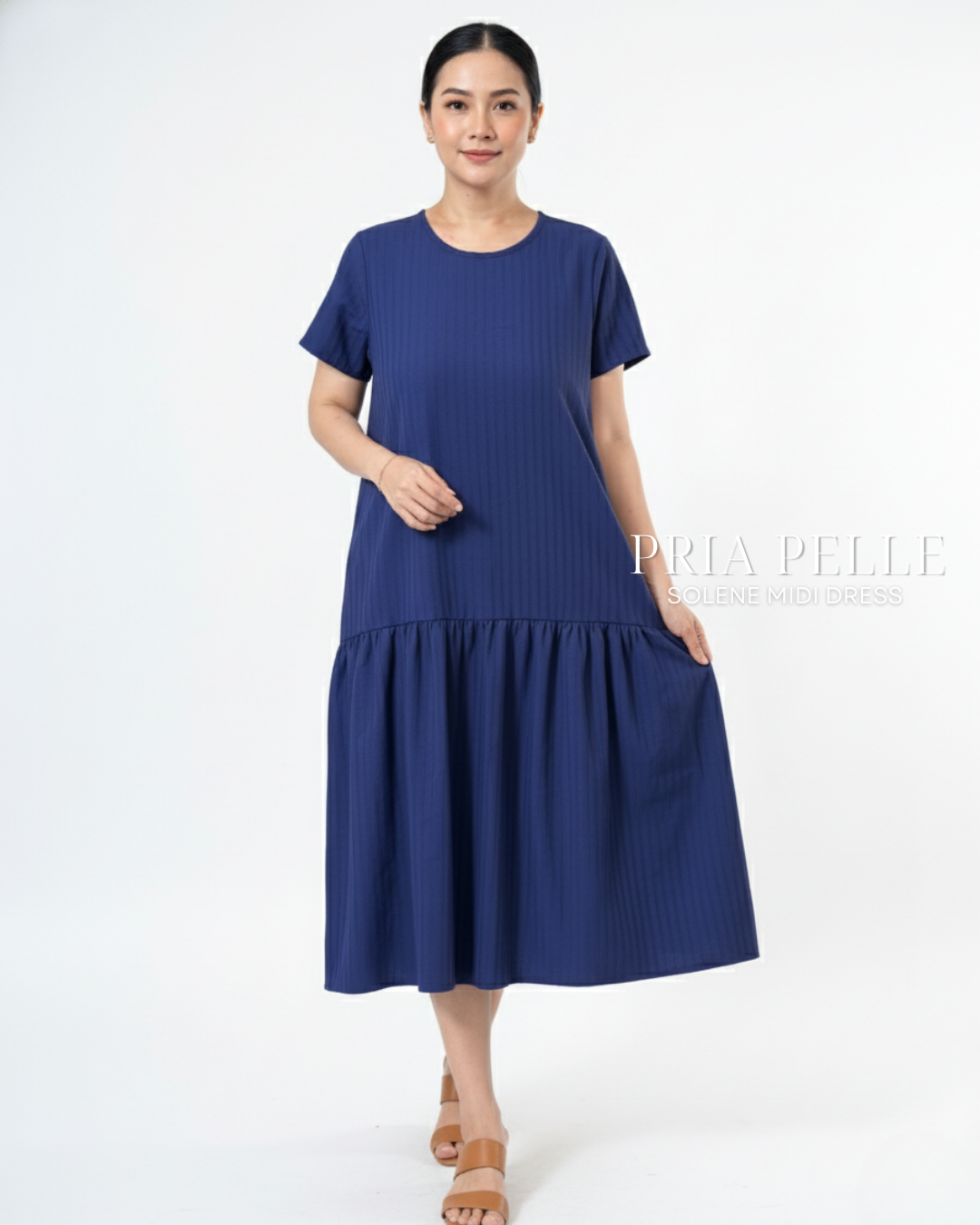 Pria Pelle Solene Short Sleeves Midi Dress - Textured Cotton Rhino Blue in Stripes