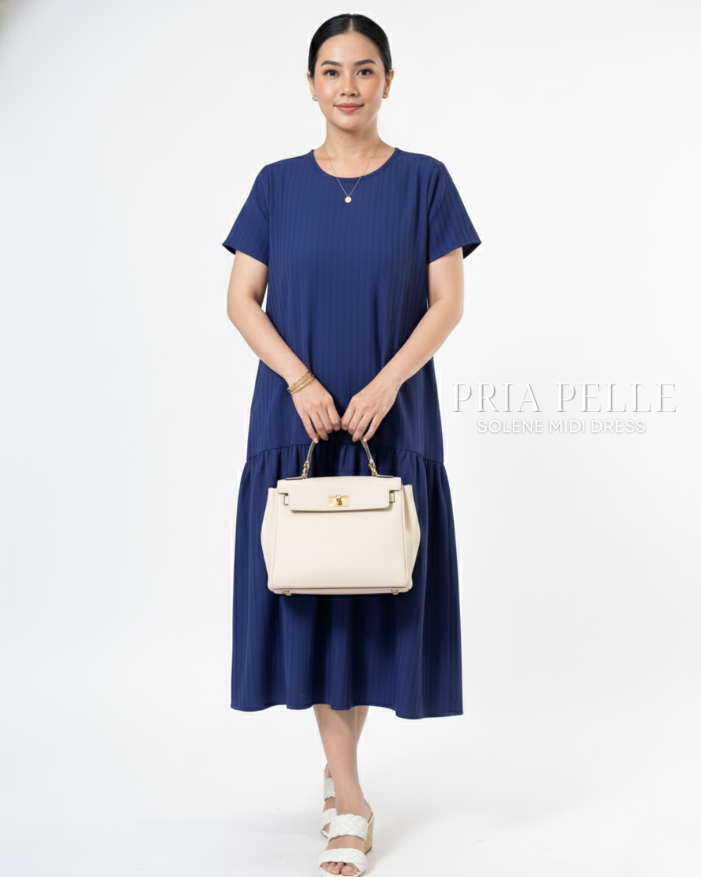 Pria Pelle Solene Short Sleeves Midi Dress - Textured Cotton Rhino Blue in Stripes