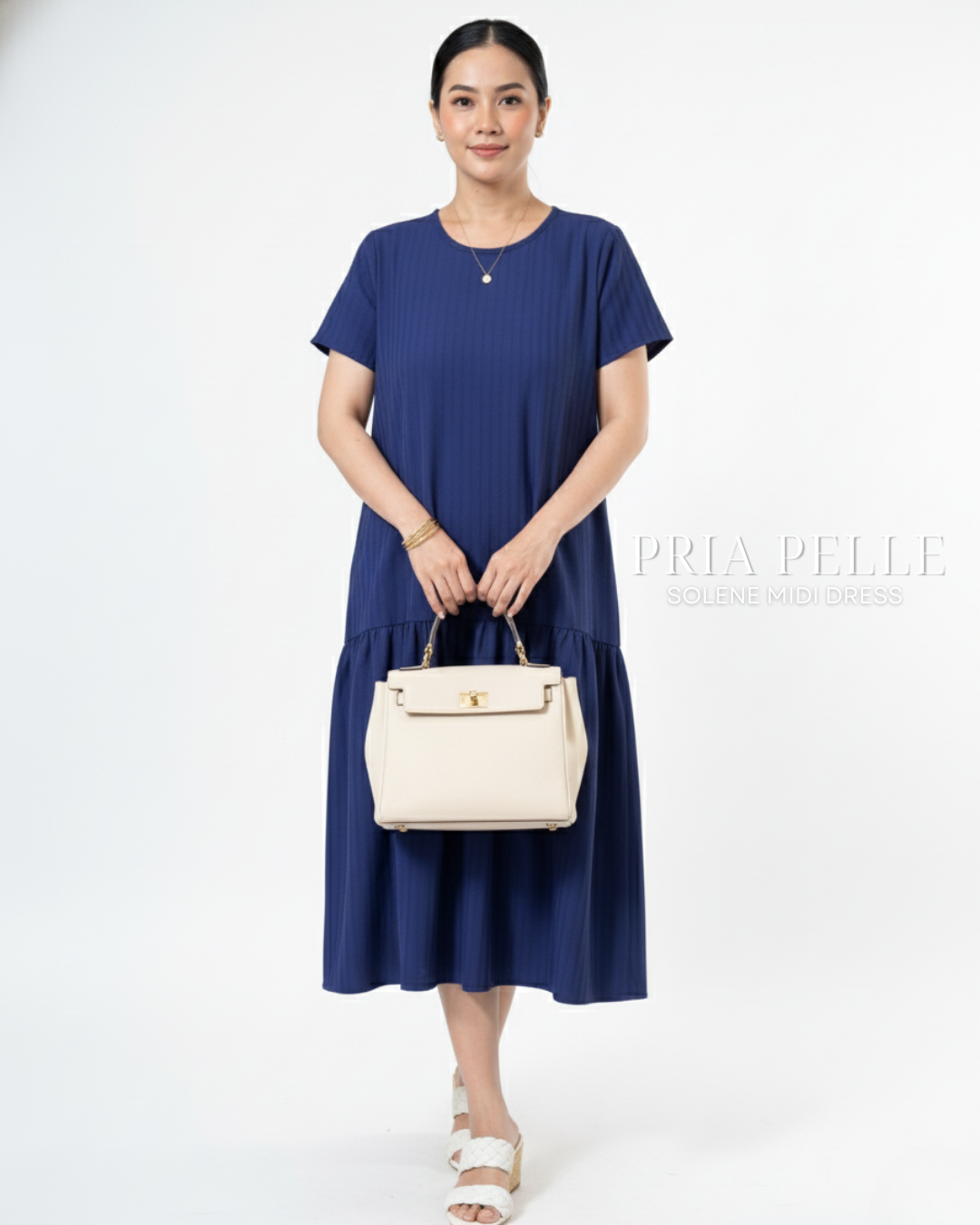 Pria Pelle Solene Short Sleeves Midi Dress - Textured Cotton Rhino Blue in Stripes