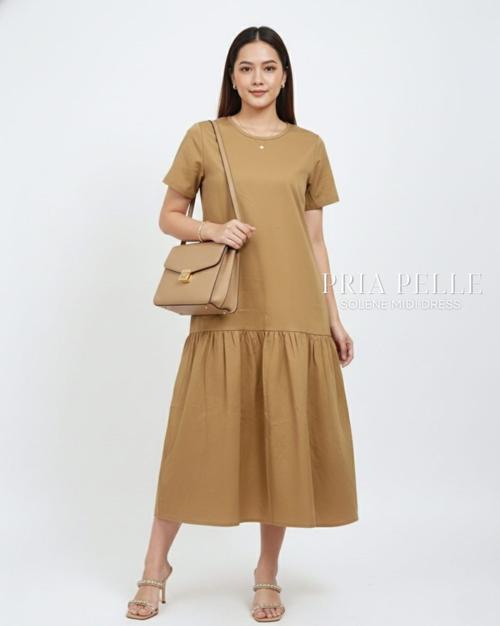 Pria Pelle Solene Short Sleeves Midi Dress - Cotton Blend Caramel