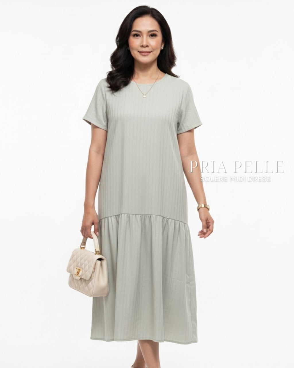 Pria Pelle Solene Short Sleeves Midi Dress - Textured Cotton Celeste Sage in Stripes