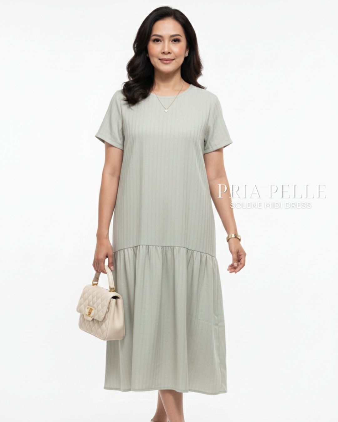Pria Pelle Solene Short Sleeves Midi Dress - Textured Cotton Celeste Sage in Stripes