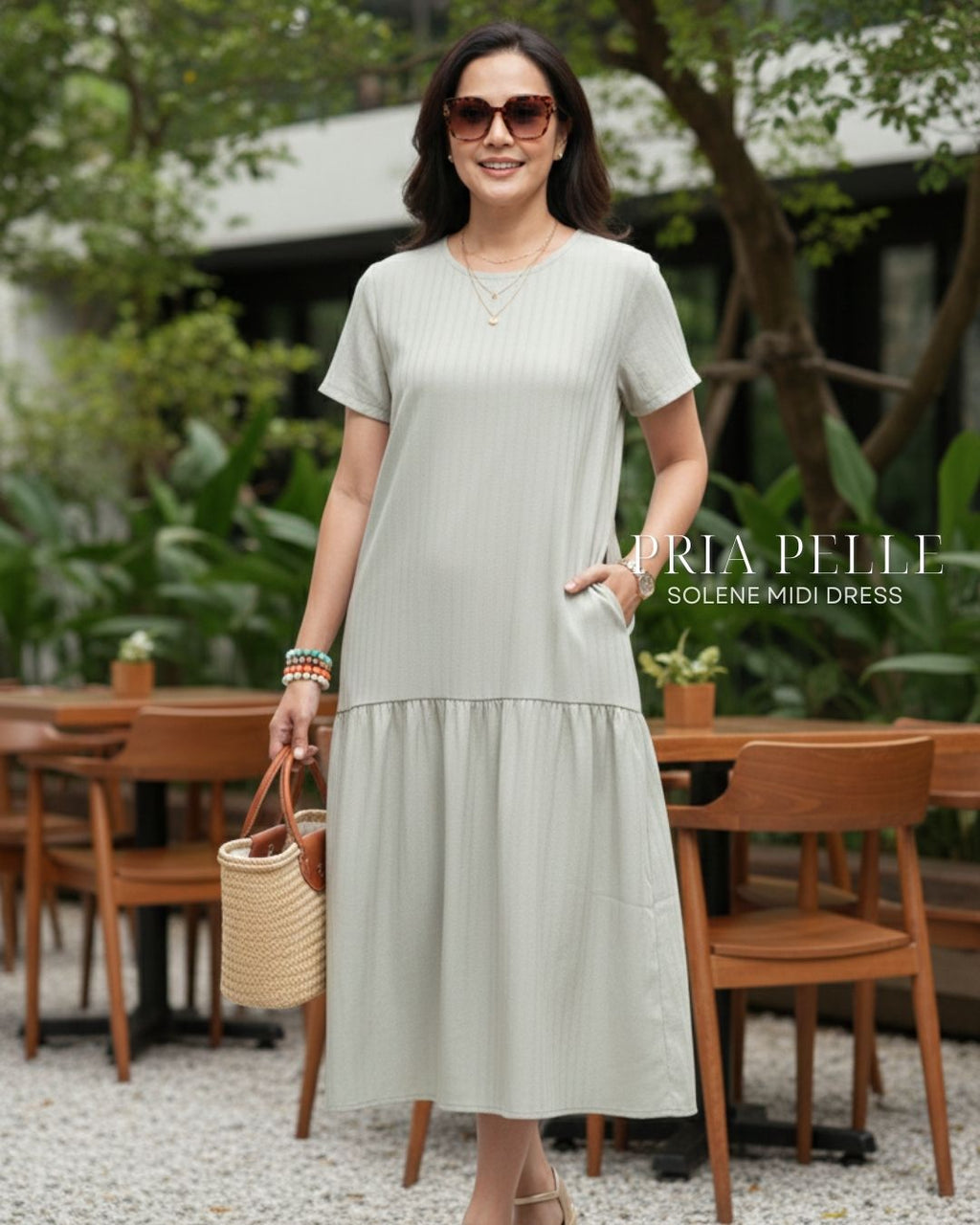 Pria Pelle Solene Short Sleeves Midi Dress - Textured Cotton Celeste Sage in Stripes