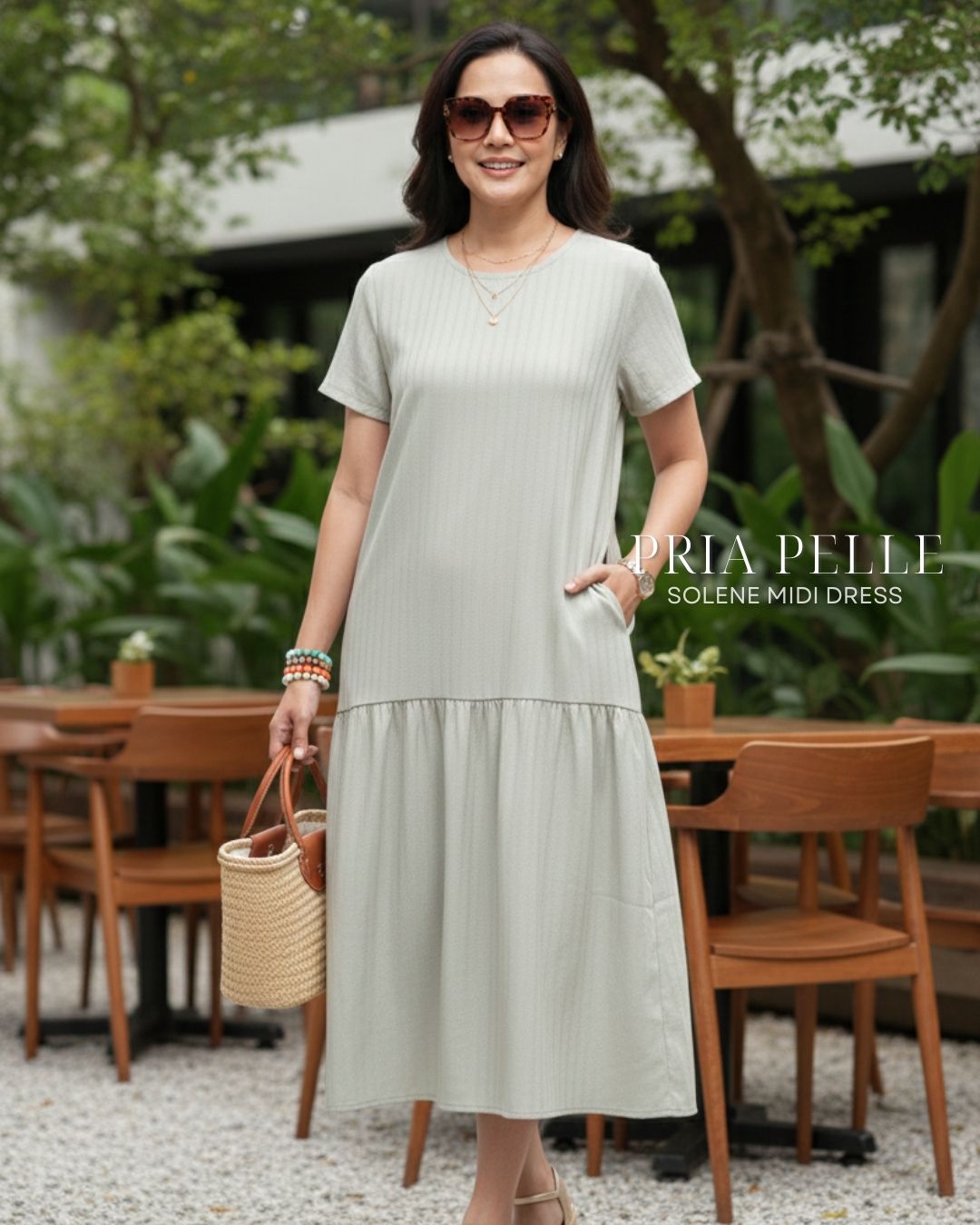 Pria Pelle Solene Short Sleeves Midi Dress - Textured Cotton Celeste Sage in Stripes