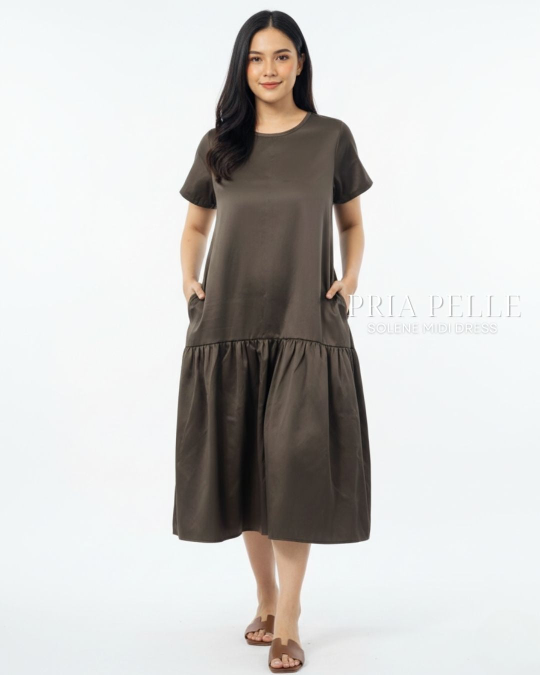 Pria Pelle Solene Short Sleeves Midi Dress - Cotton Satin Dune Dark Brown