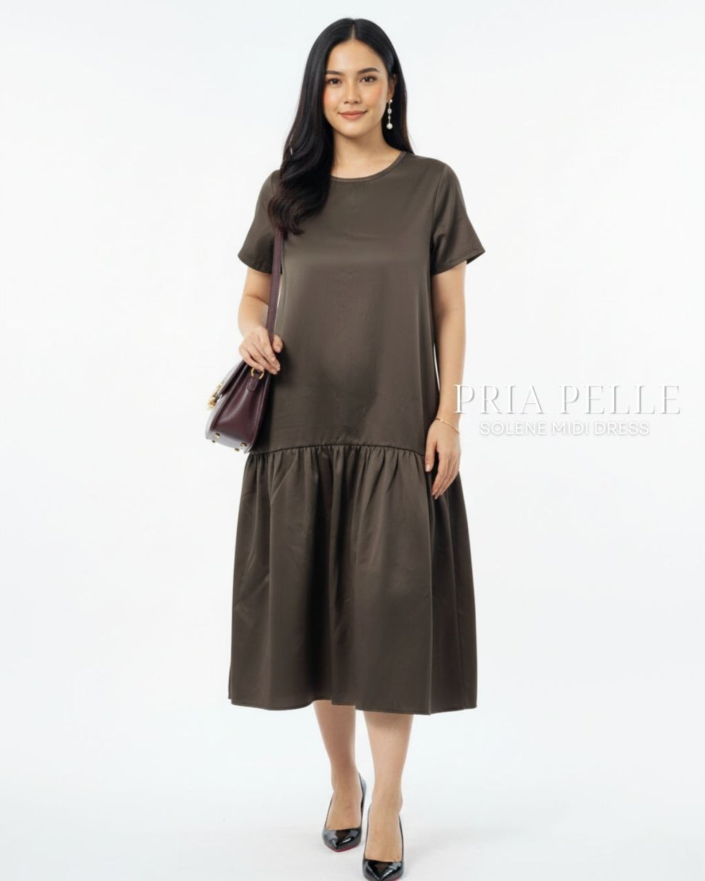 Pria Pelle Solene Short Sleeves Midi Dress - Cotton Satin Dune Dark Brown
