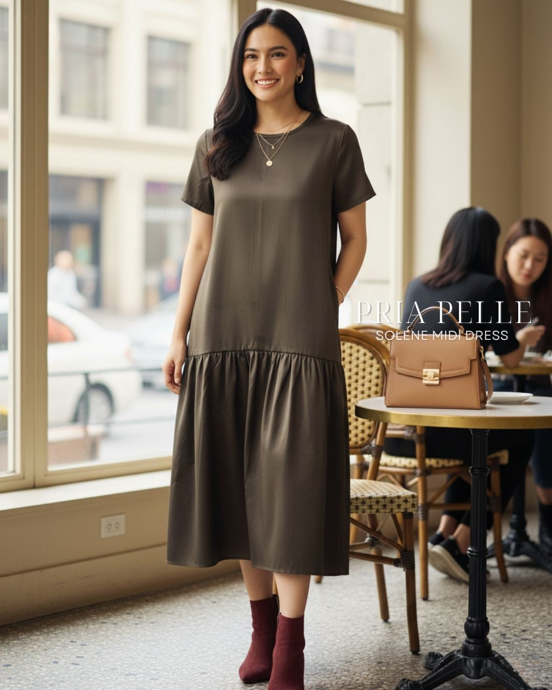 Pria Pelle Solene Short Sleeves Midi Dress - Cotton Satin Dune Dark Brown