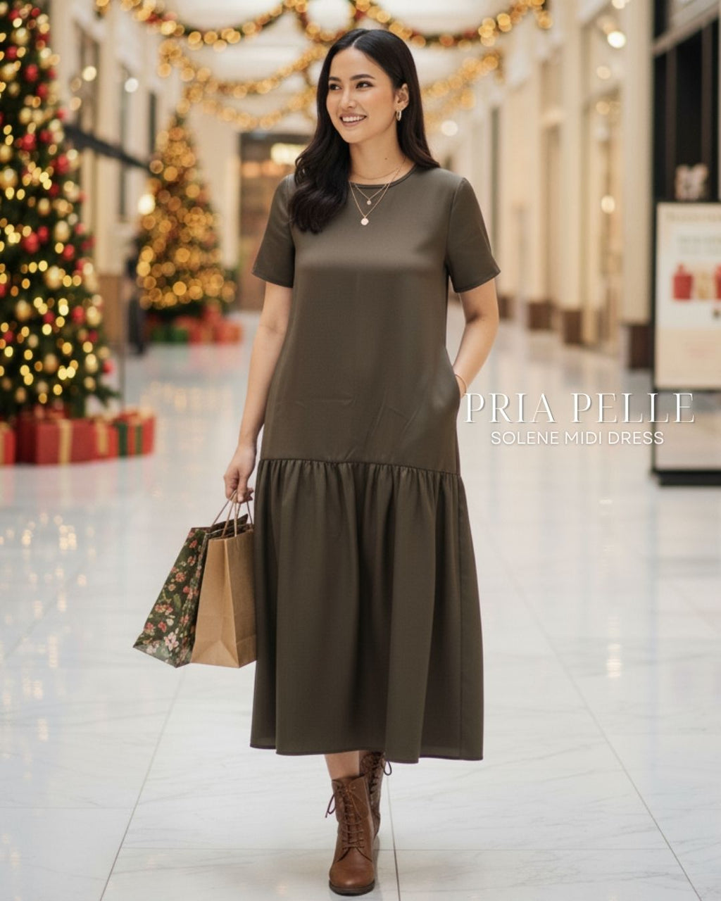 Pria Pelle Solene Short Sleeves Midi Dress - Cotton Satin Dune Dark Brown