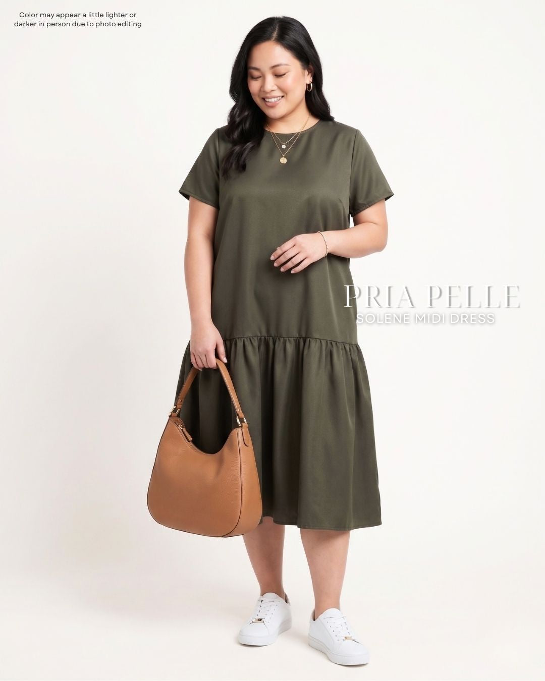 Pria Pelle Solene Short Sleeves Midi Dress - Structured Poly Cotton Moss | Non Stretch