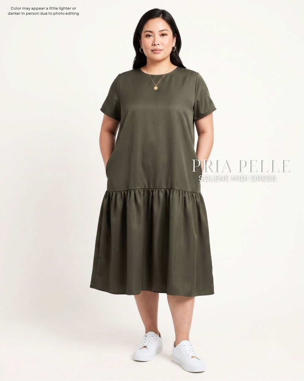 Pria Pelle Solene Short Sleeves Midi Dress - Structured Poly Cotton Moss | Non Stretch