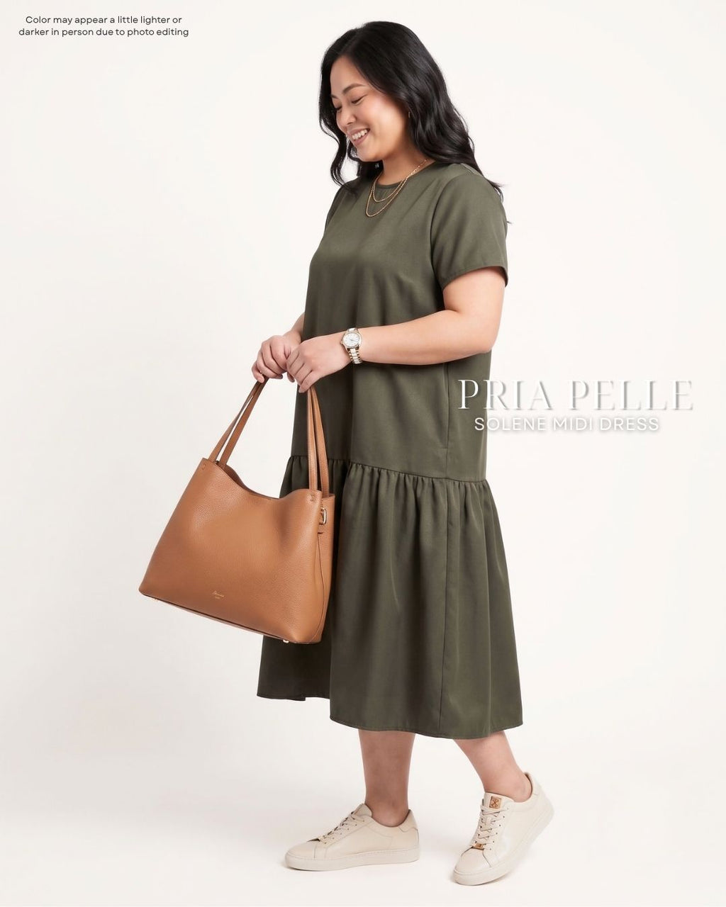 Pria Pelle Solene Short Sleeves Midi Dress - Structured Poly Cotton Moss | Non Stretch