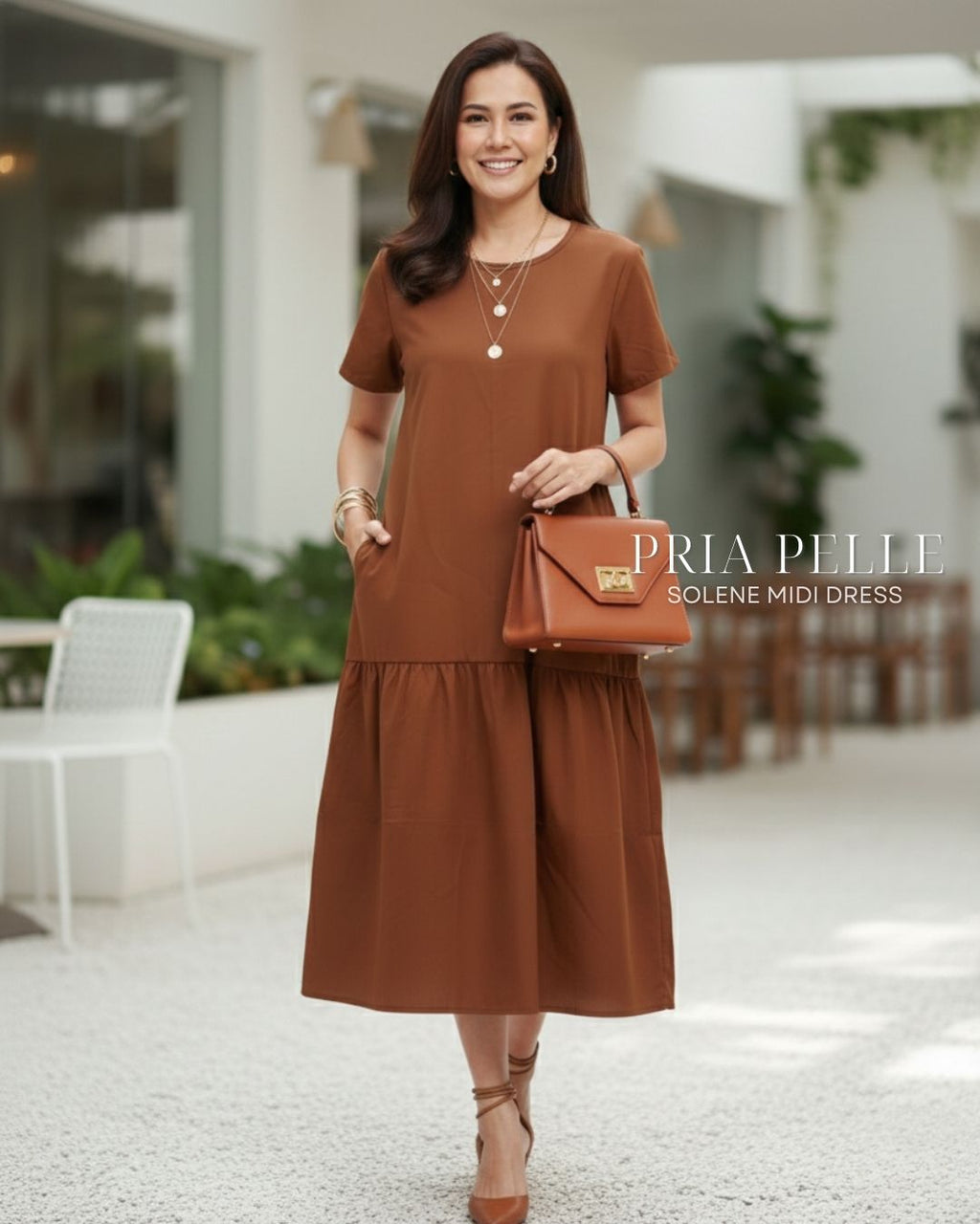 Pria Pelle Solene Short Sleeves Midi Dress - Cotton Blend Rust