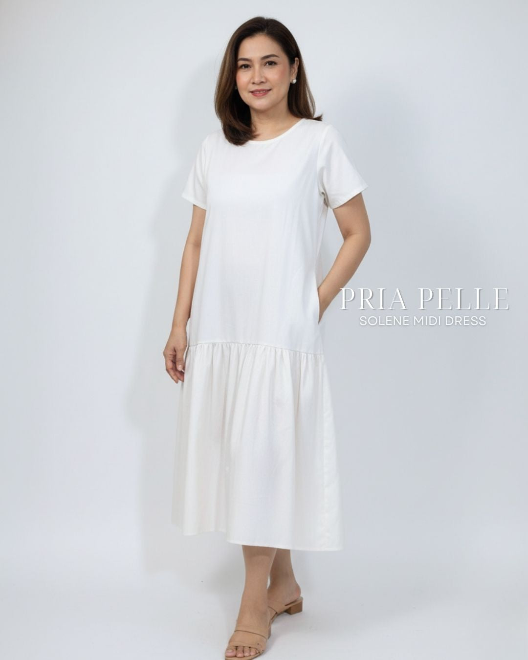 Pria Pelle Solene Short Sleeves Midi Dress - Cotton Twill Blend White