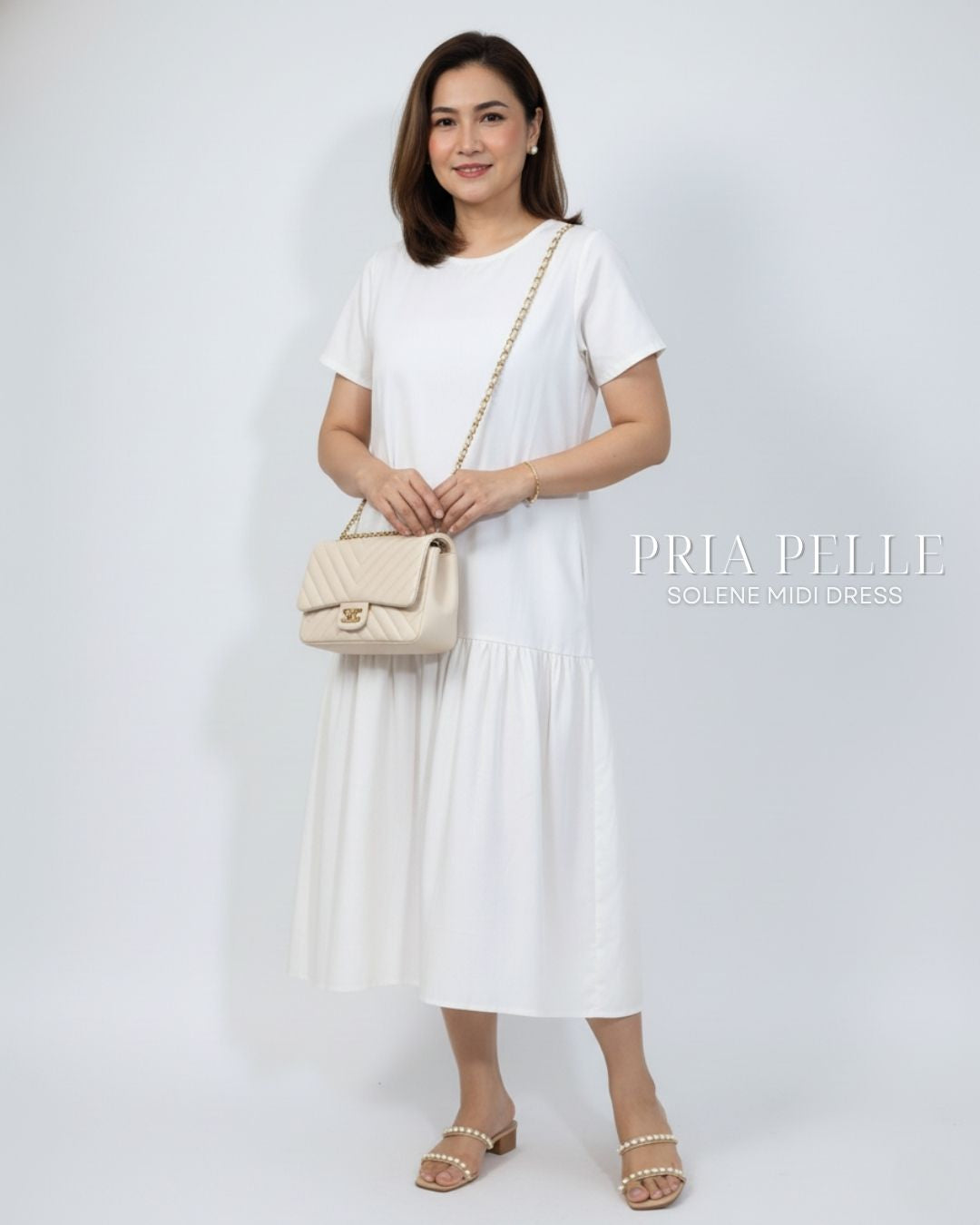 Pria Pelle Solene Short Sleeves Midi Dress - Cotton Twill Blend White
