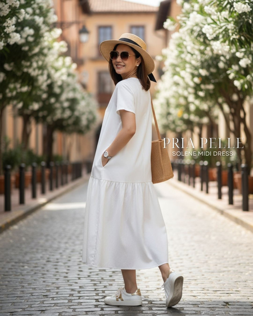 Pria Pelle Solene Short Sleeves Midi Dress - Cotton Twill Blend White