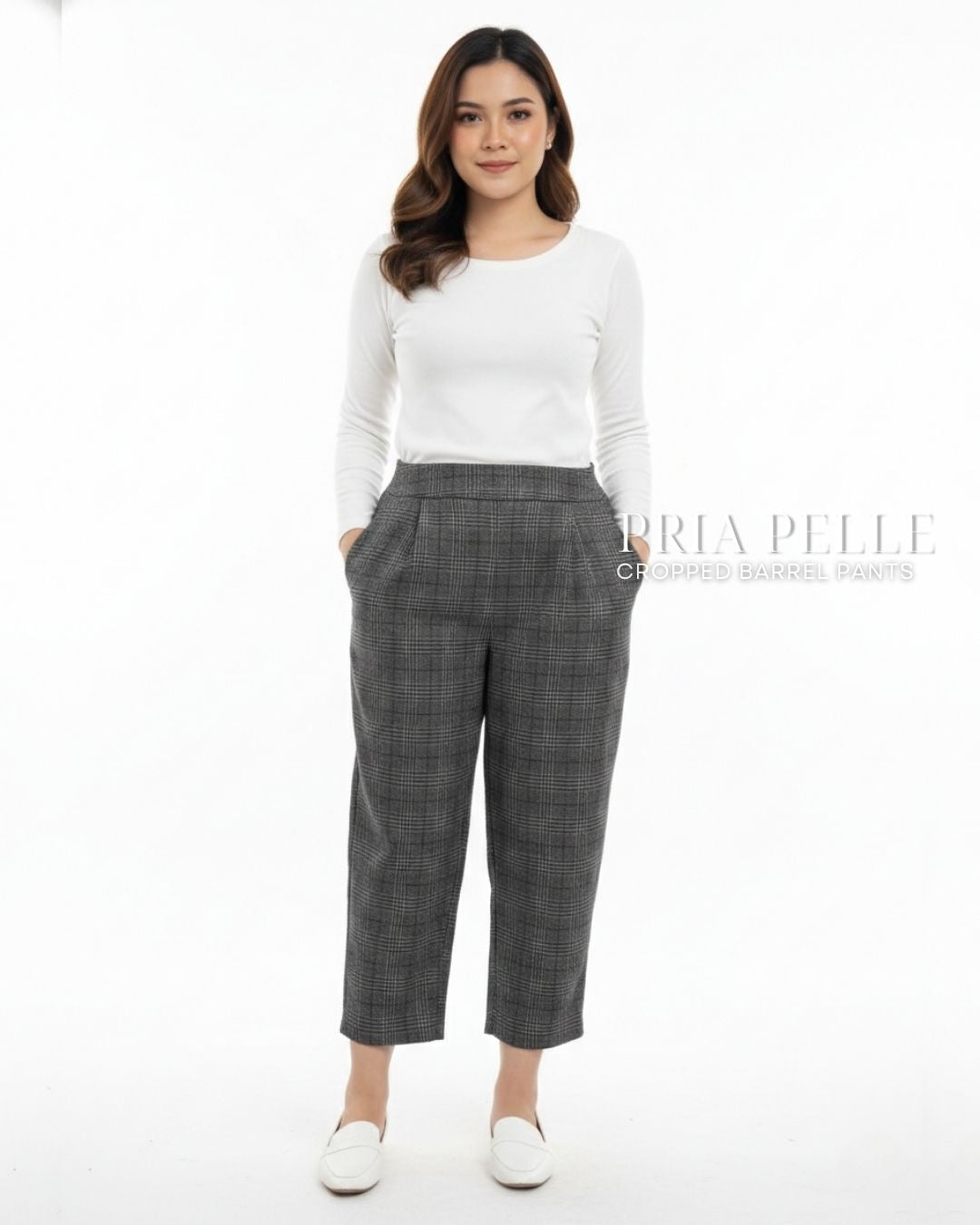 Pria Pelle Cropped Barrel Pants | Back Garter - Cotton Blend Tartan Charcoal Gray | Non Stretch
