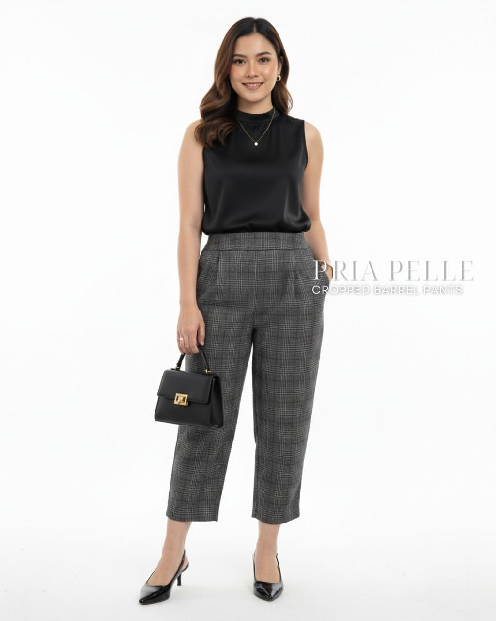 Pria Pelle Cropped Barrel Pants | Back Garter - Cotton Blend Tartan Charcoal Gray | Non Stretch