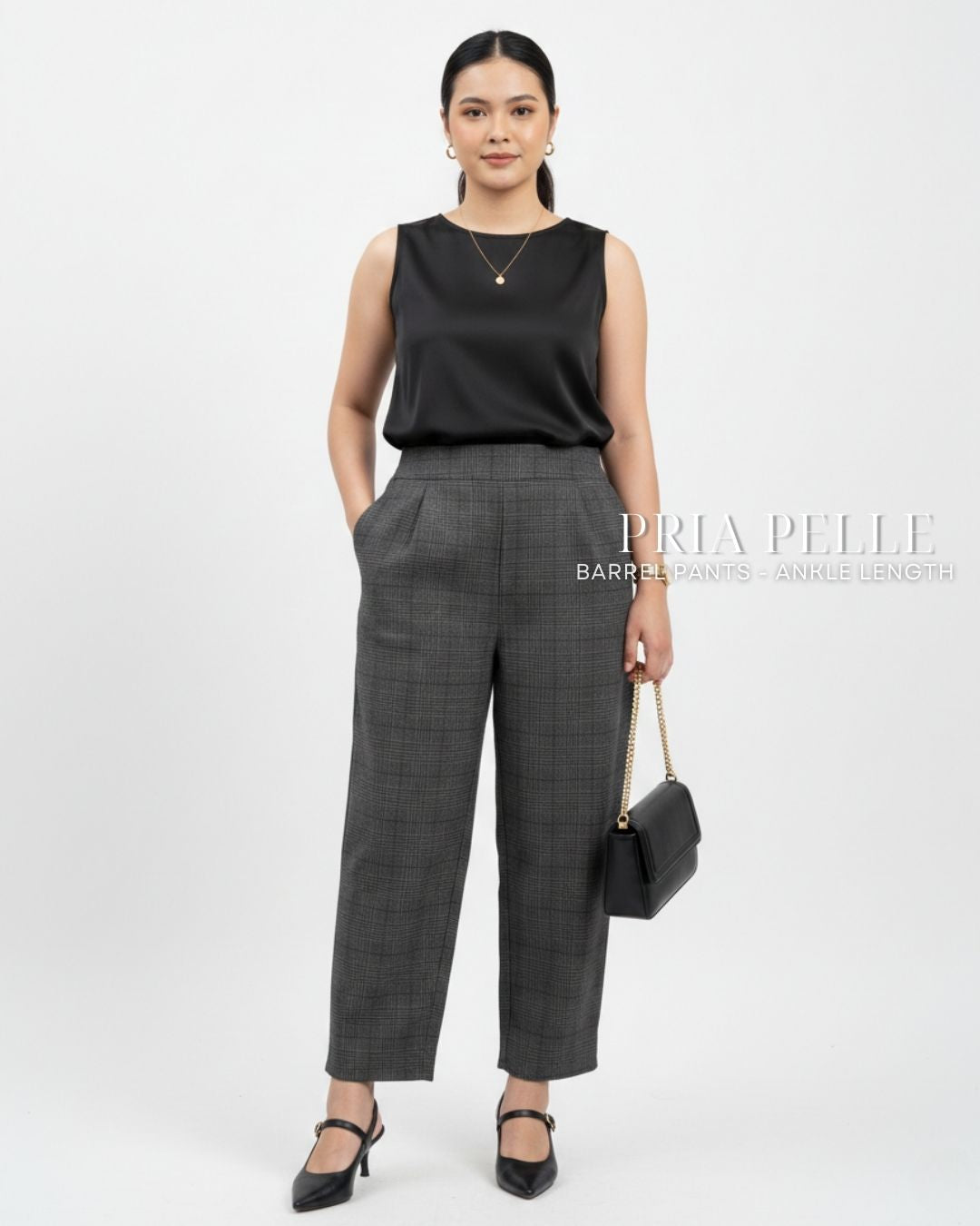 Pria Pelle Barrel Pants | Ankle Length - Cotton Blend Tartan Charcoal Gray | Non Stretch