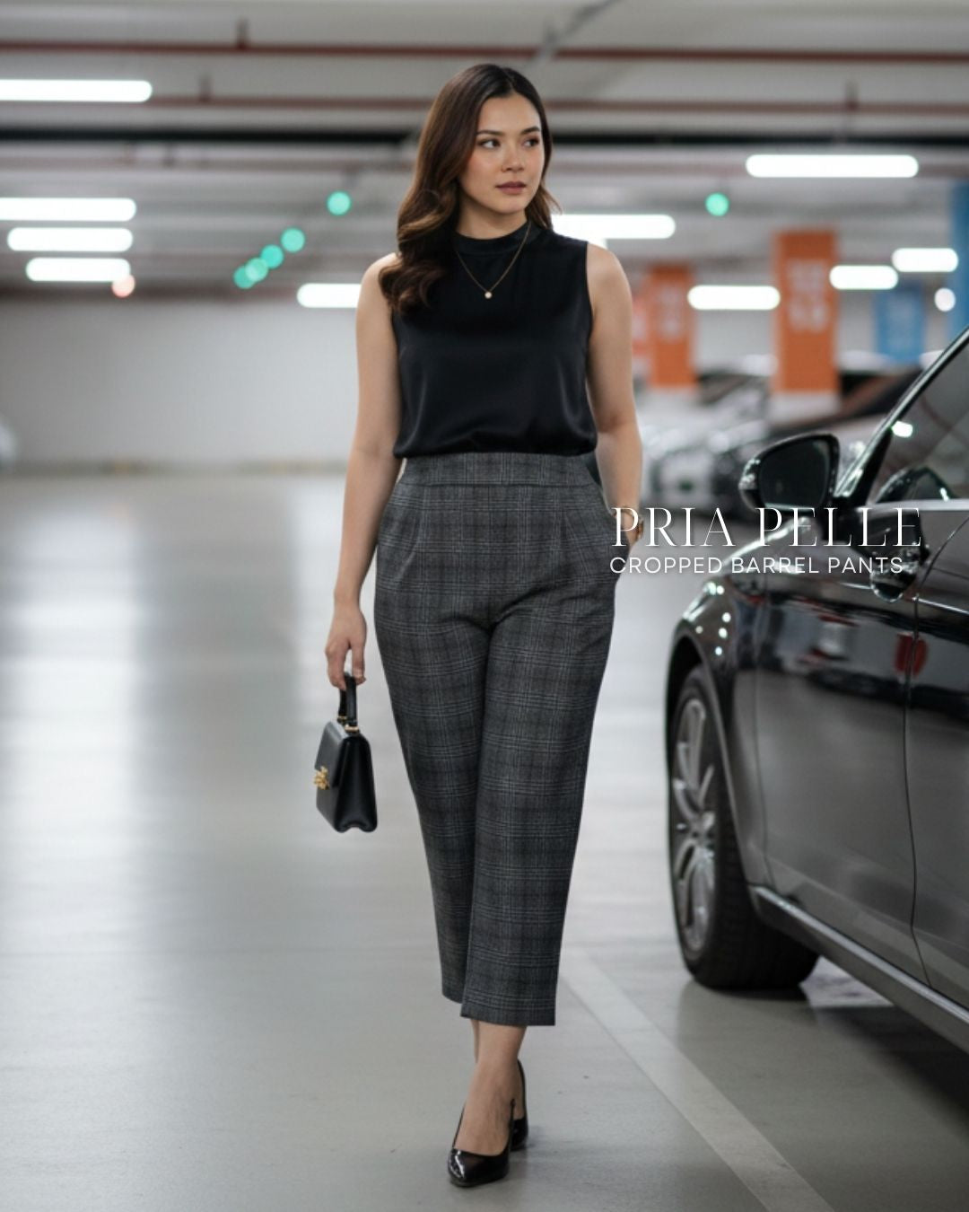 Pria Pelle Cropped Barrel Pants | Back Garter - Cotton Blend Tartan Charcoal Gray | Non Stretch