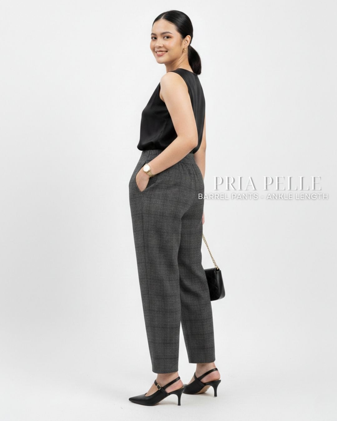 Pria Pelle Barrel Pants | Ankle Length - Cotton Blend Tartan Charcoal Gray | Non Stretch