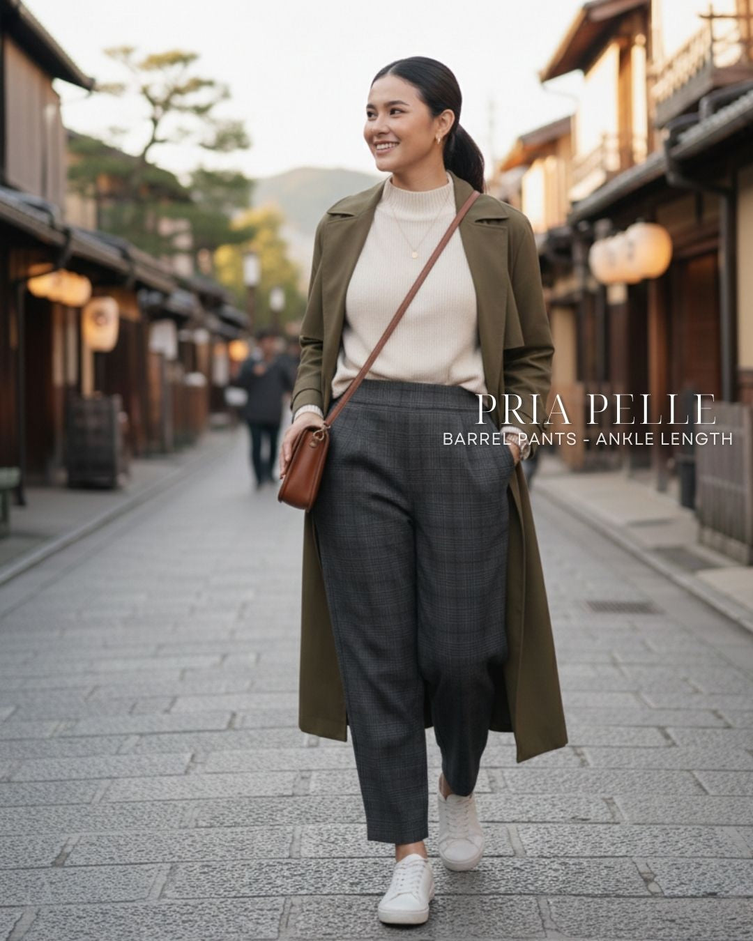 Pria Pelle Barrel Pants | Ankle Length - Cotton Blend Tartan Charcoal Gray | Non Stretch