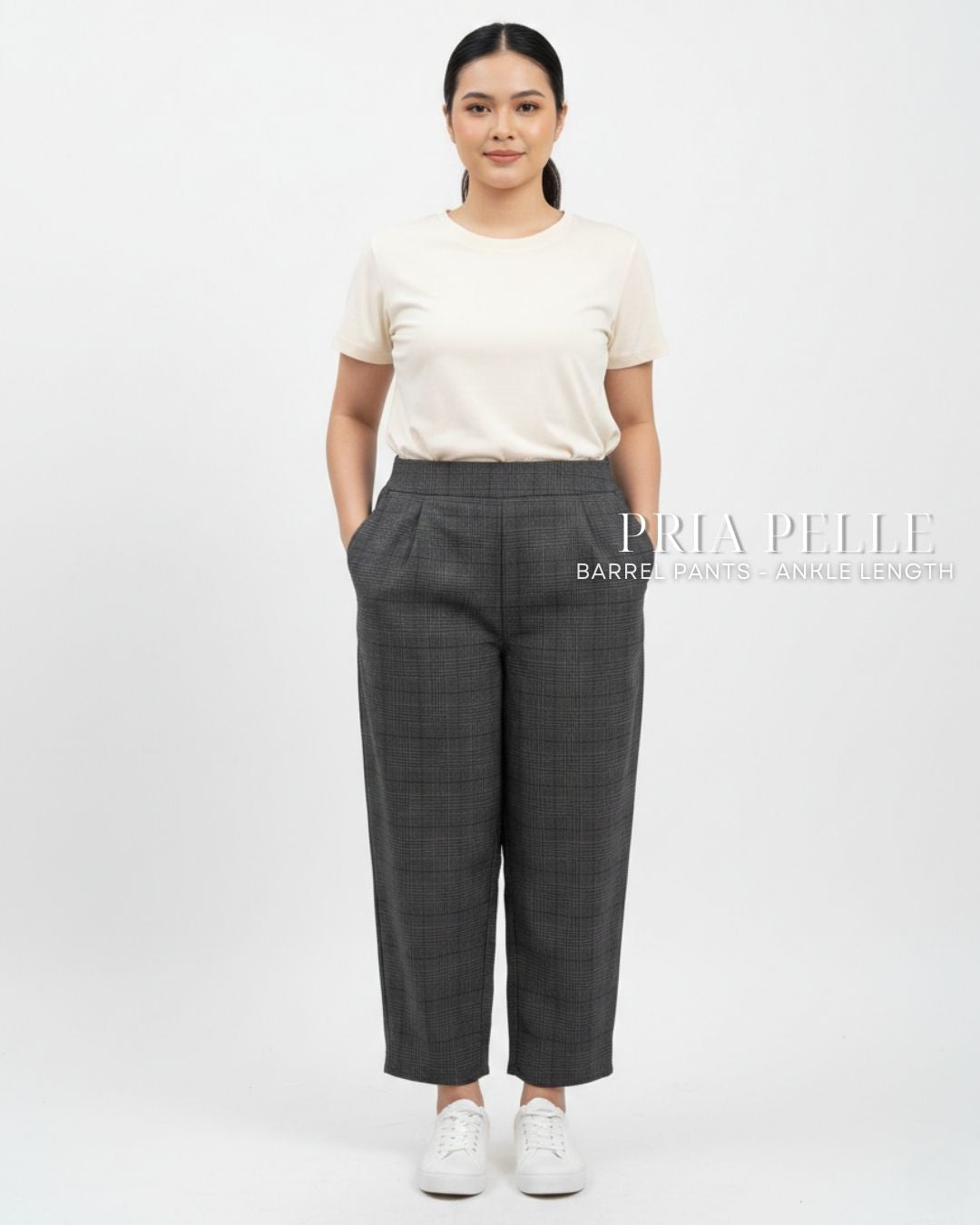 Pria Pelle Barrel Pants | Ankle Length - Cotton Blend Tartan Charcoal Gray | Non Stretch