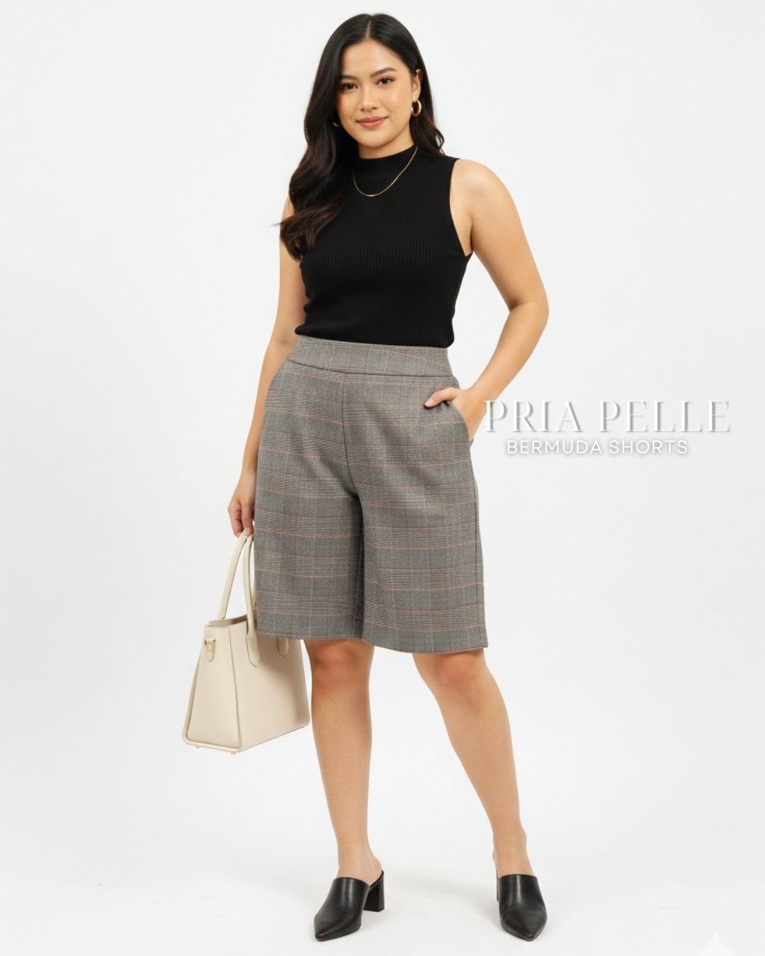 Pria Pelle Bermuda Shorts | Back garter - Cotton Blend Champagne Tartan | Non Stretch