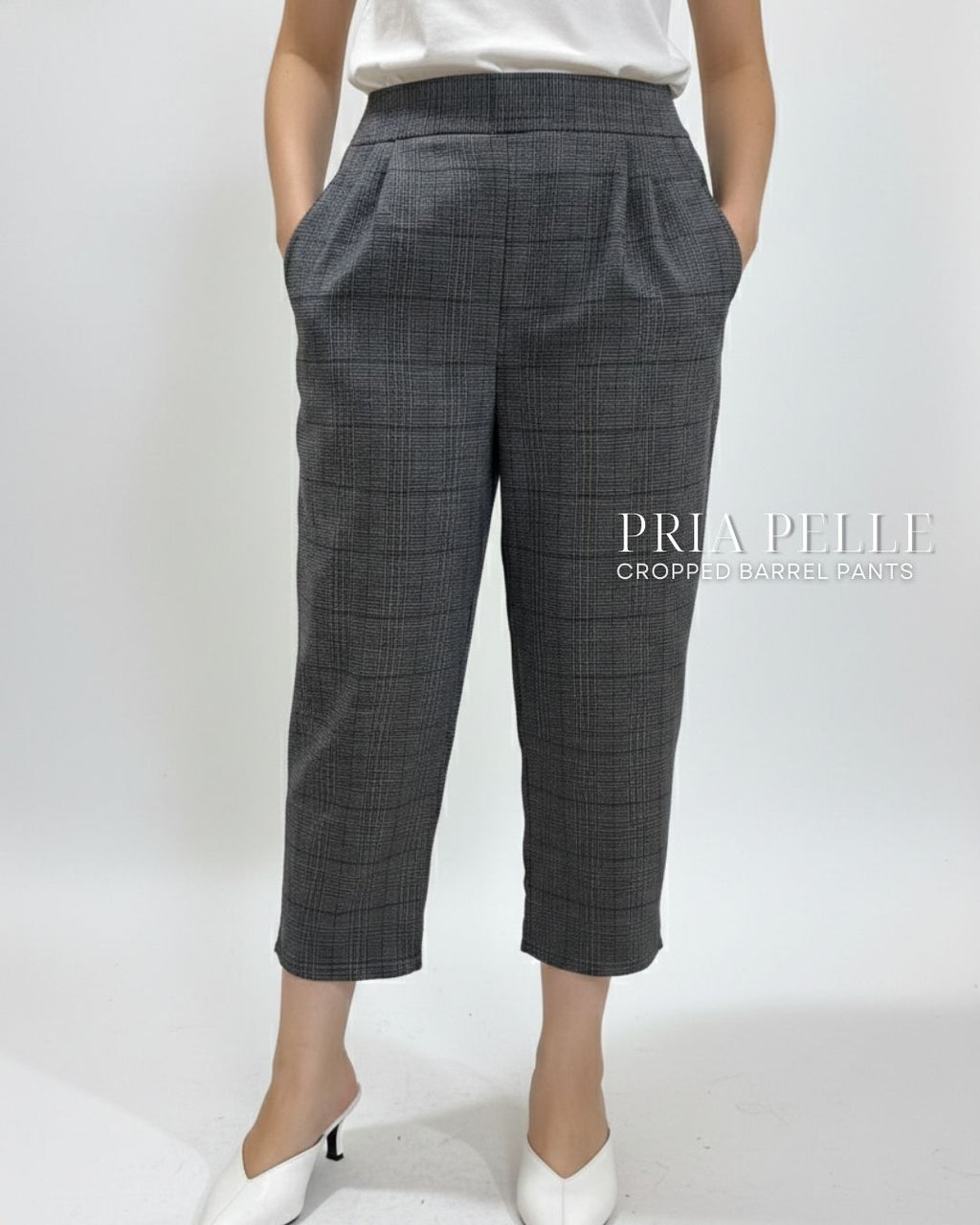 Pria Pelle Cropped Barrel Pants | Back Garter - Cotton Blend Tartan Charcoal Gray | Non Stretch