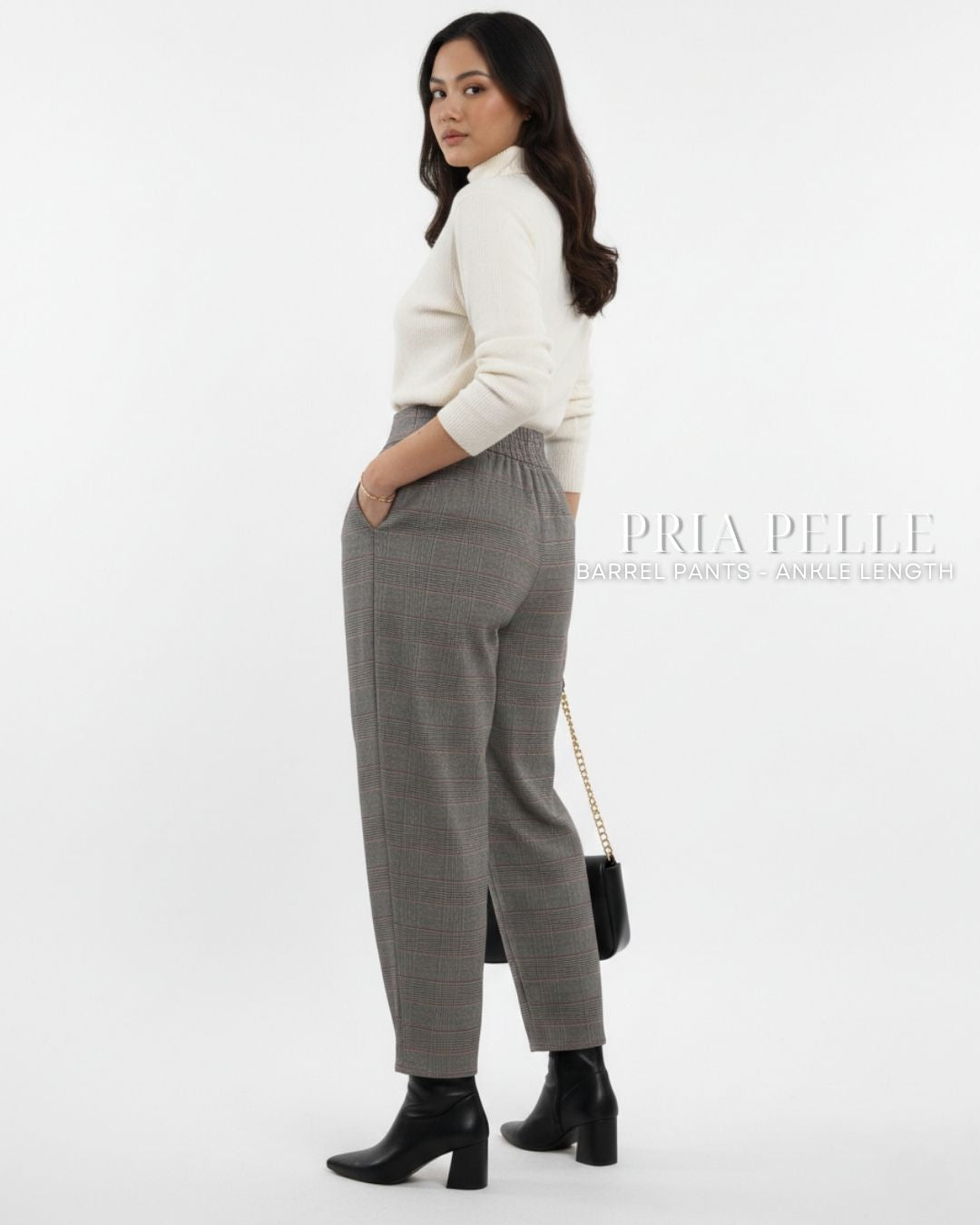 Pria Pelle Barrel Pants | Ankle Length - Cotton Blend Tartan Champagne | Non Stretch