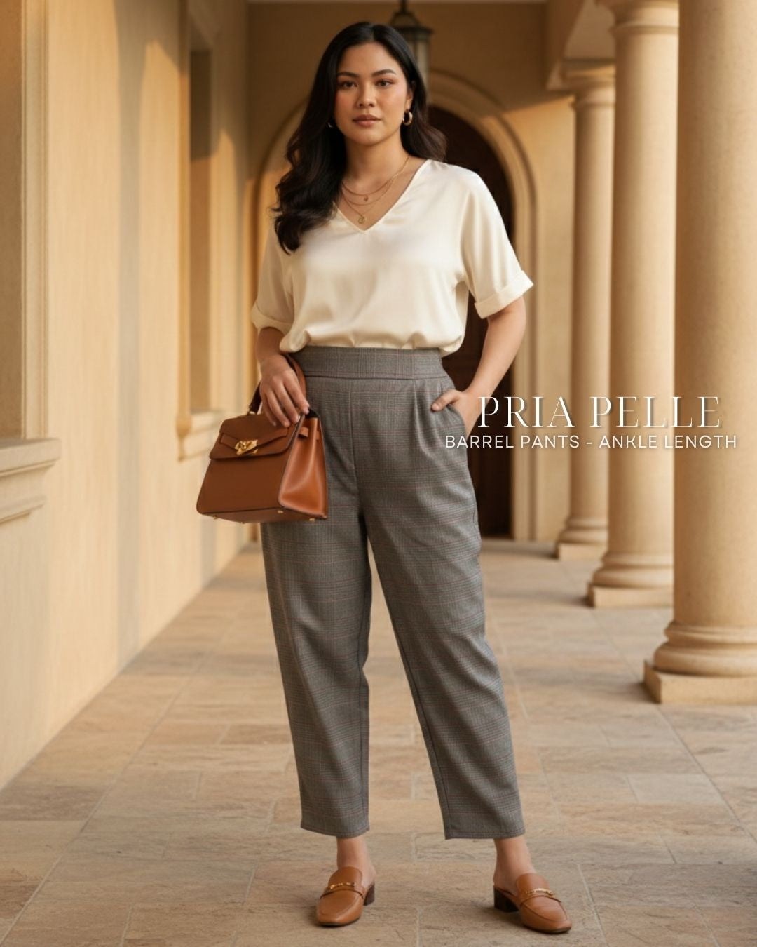 Pria Pelle Barrel Pants | Ankle Length - Cotton Blend Tartan Champagne | Non Stretch