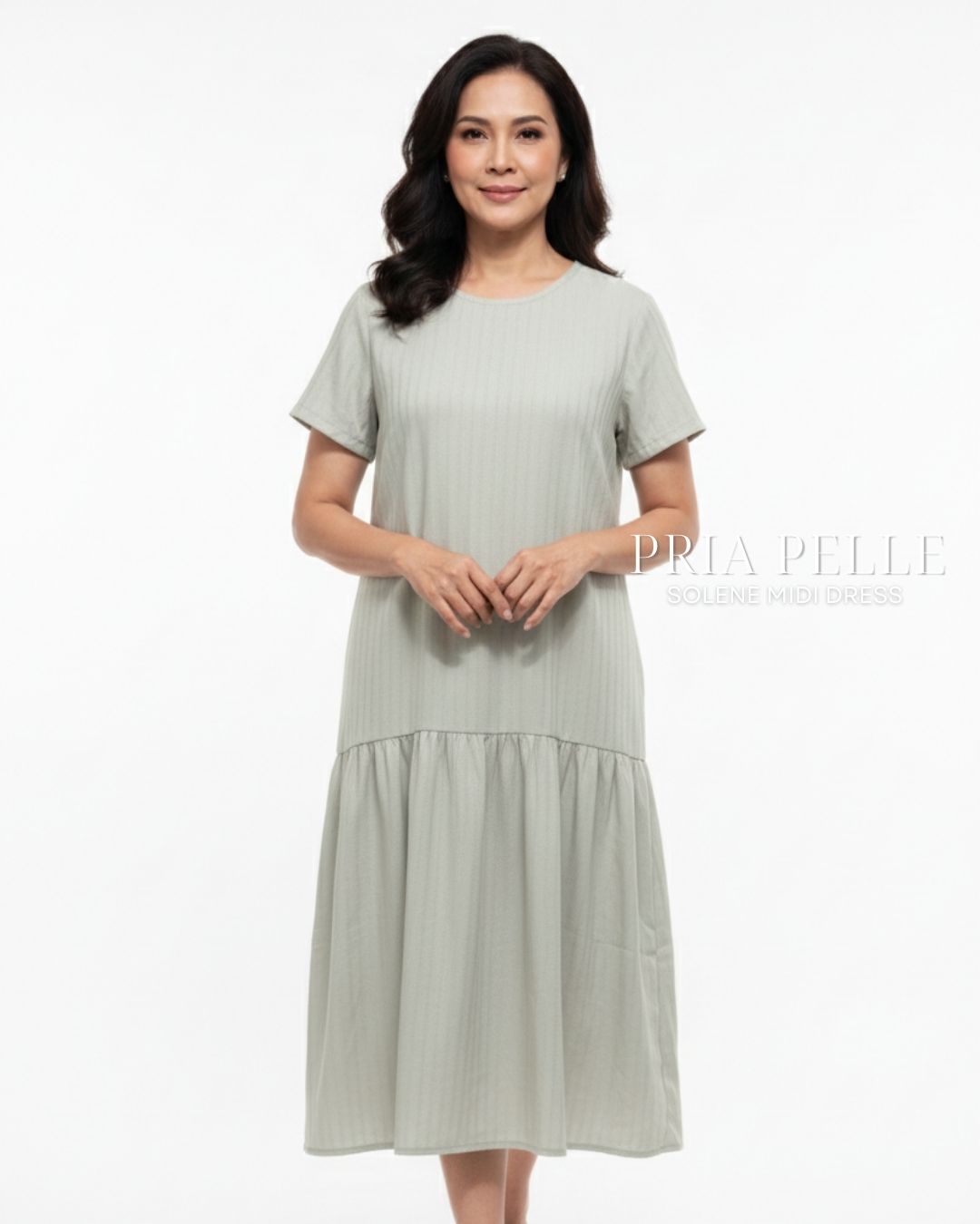 Pria Pelle Solene Short Sleeves Midi Dress - Textured Cotton Celeste Sage in Stripes