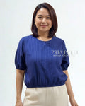 Pria Pelle Amelia Volume Top - Cotton Textured Rhino Blue Stripes | Non Stretch